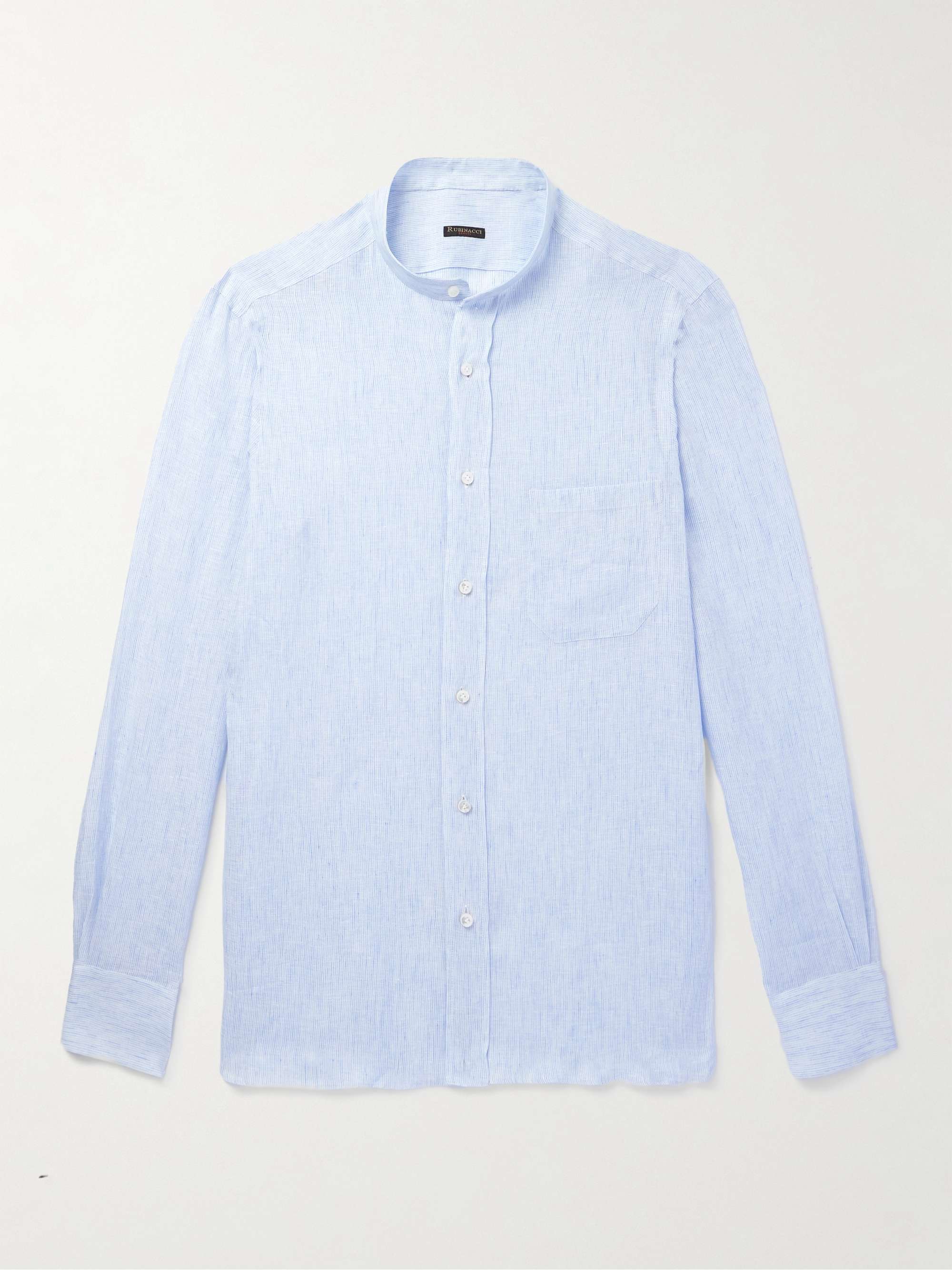 Grandad-Collar Striped Linen Shirt view
