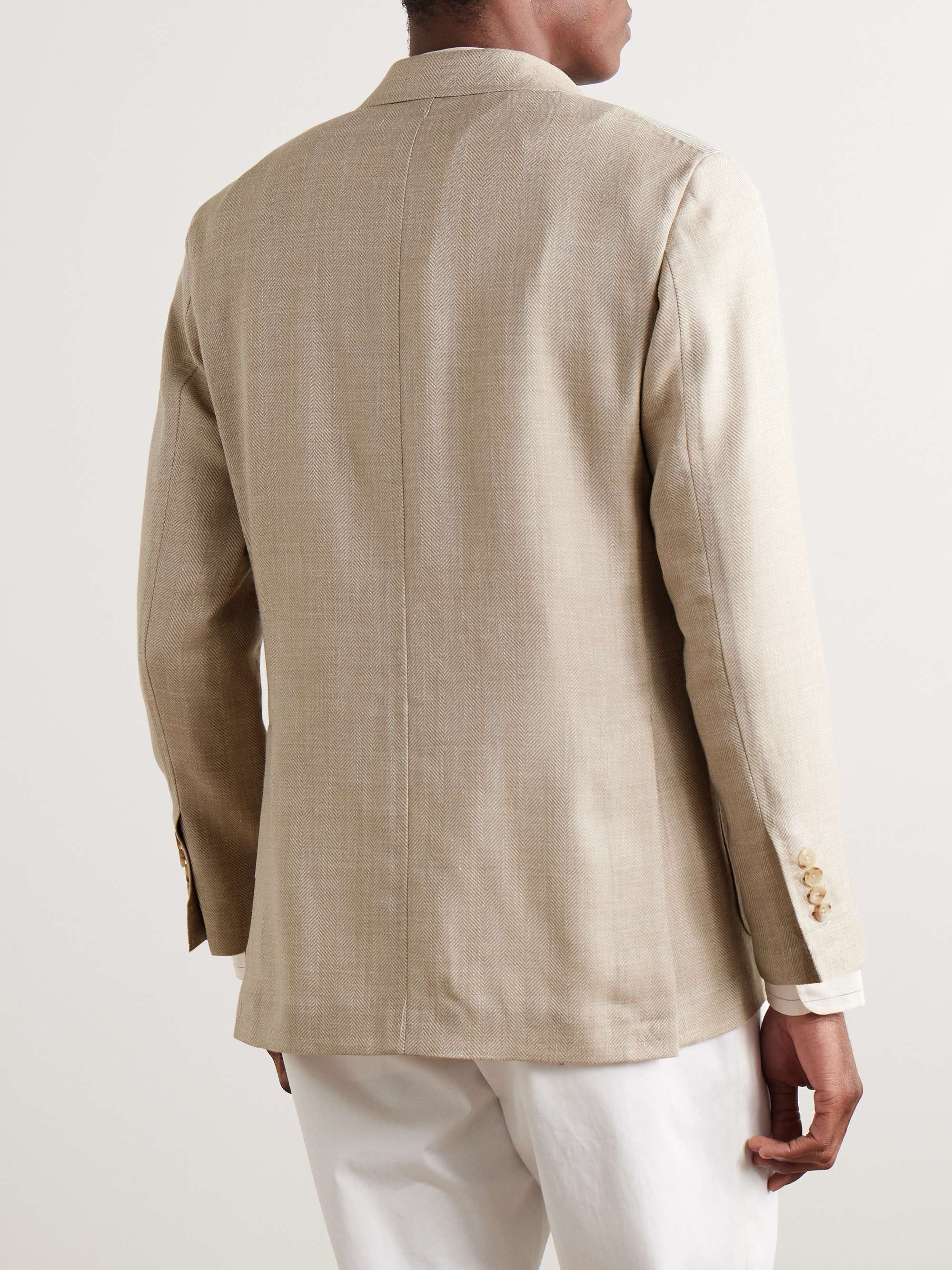 Unstructured Double-Breasted Herringbone Virgin Wool, Silk and Linen-Blend Blazer view