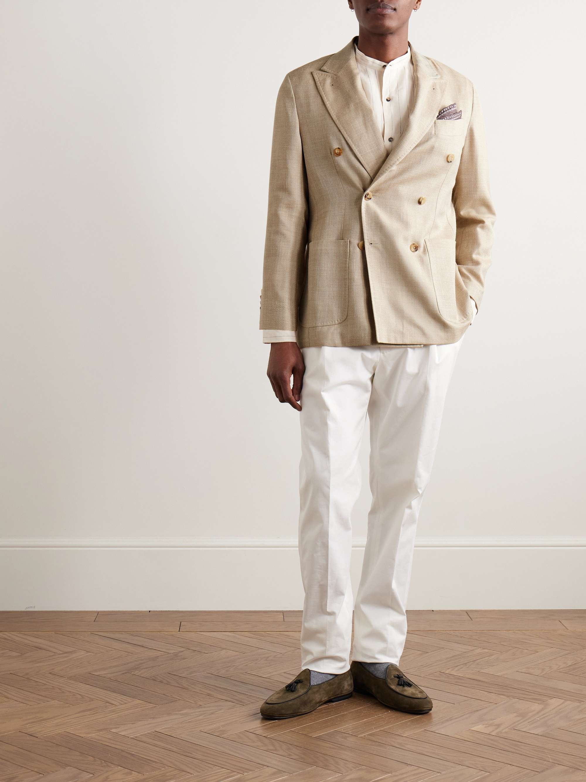 Unstructured Double-Breasted Herringbone Virgin Wool, Silk and Linen-Blend Blazer view