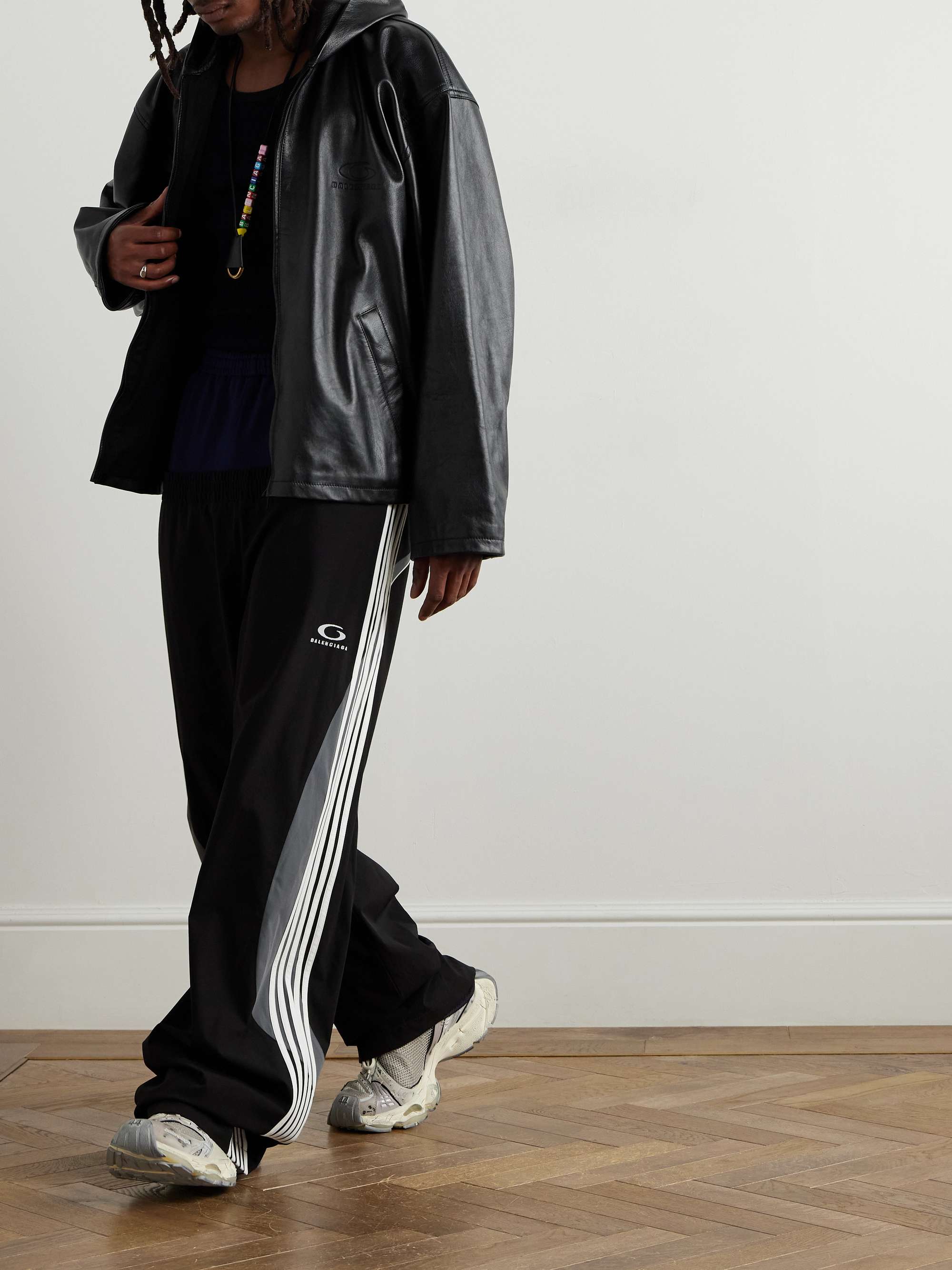 Oversized Logo-Debossed Leather Hooded Jacket view