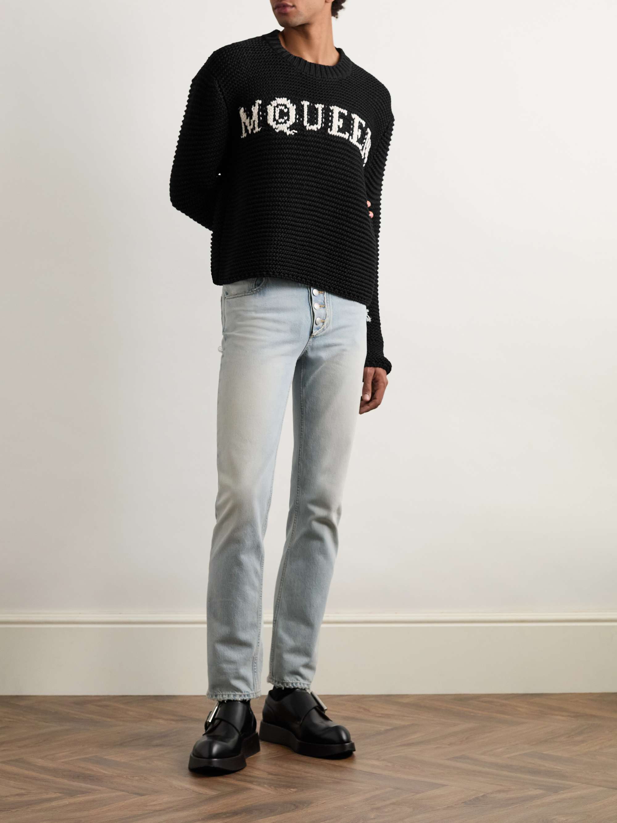 Cropped Ribbed Logo-Jacquard Cotton Sweater view