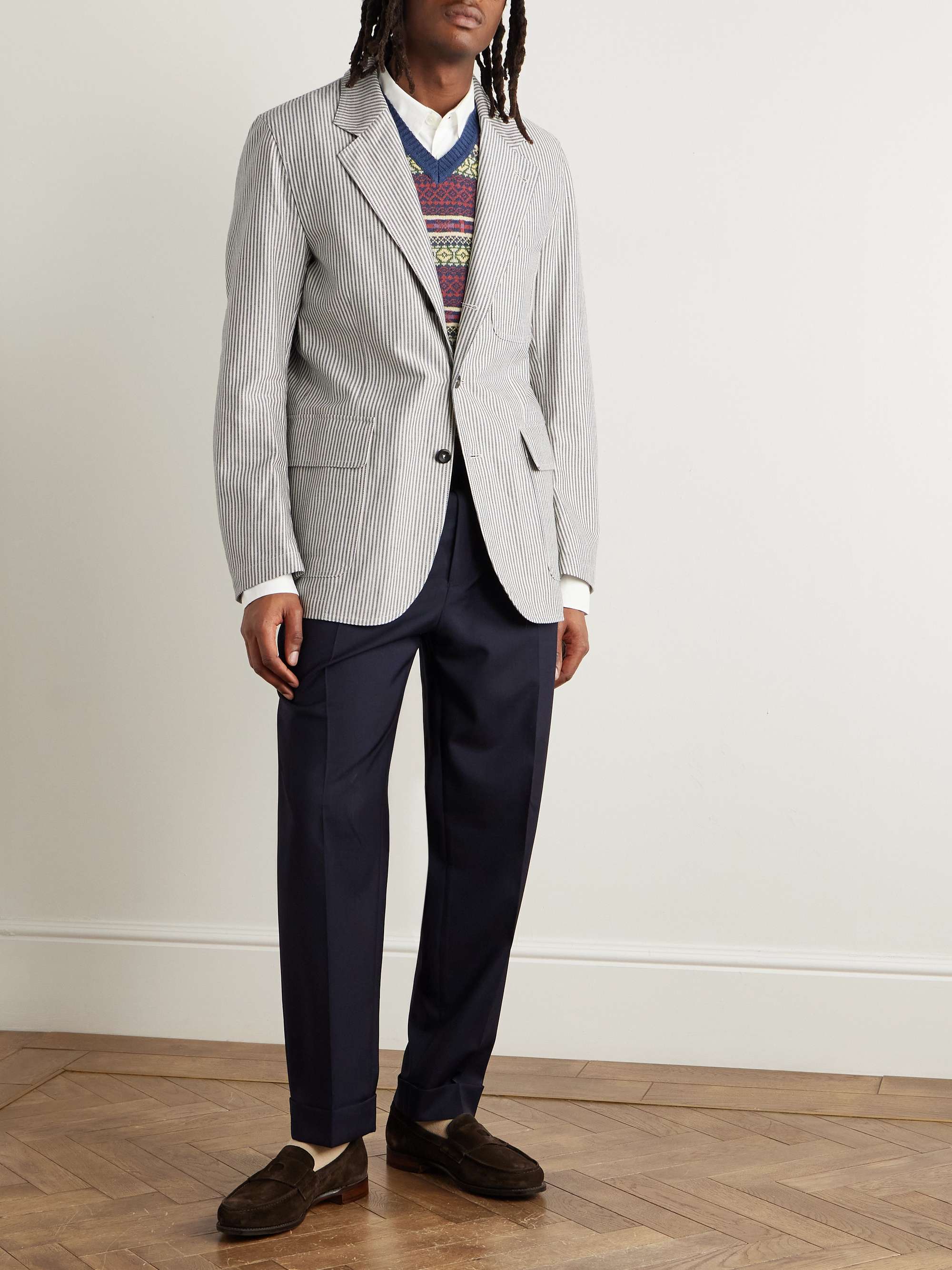 Unstructured Striped Cotton and Linen-Blend Blazer view