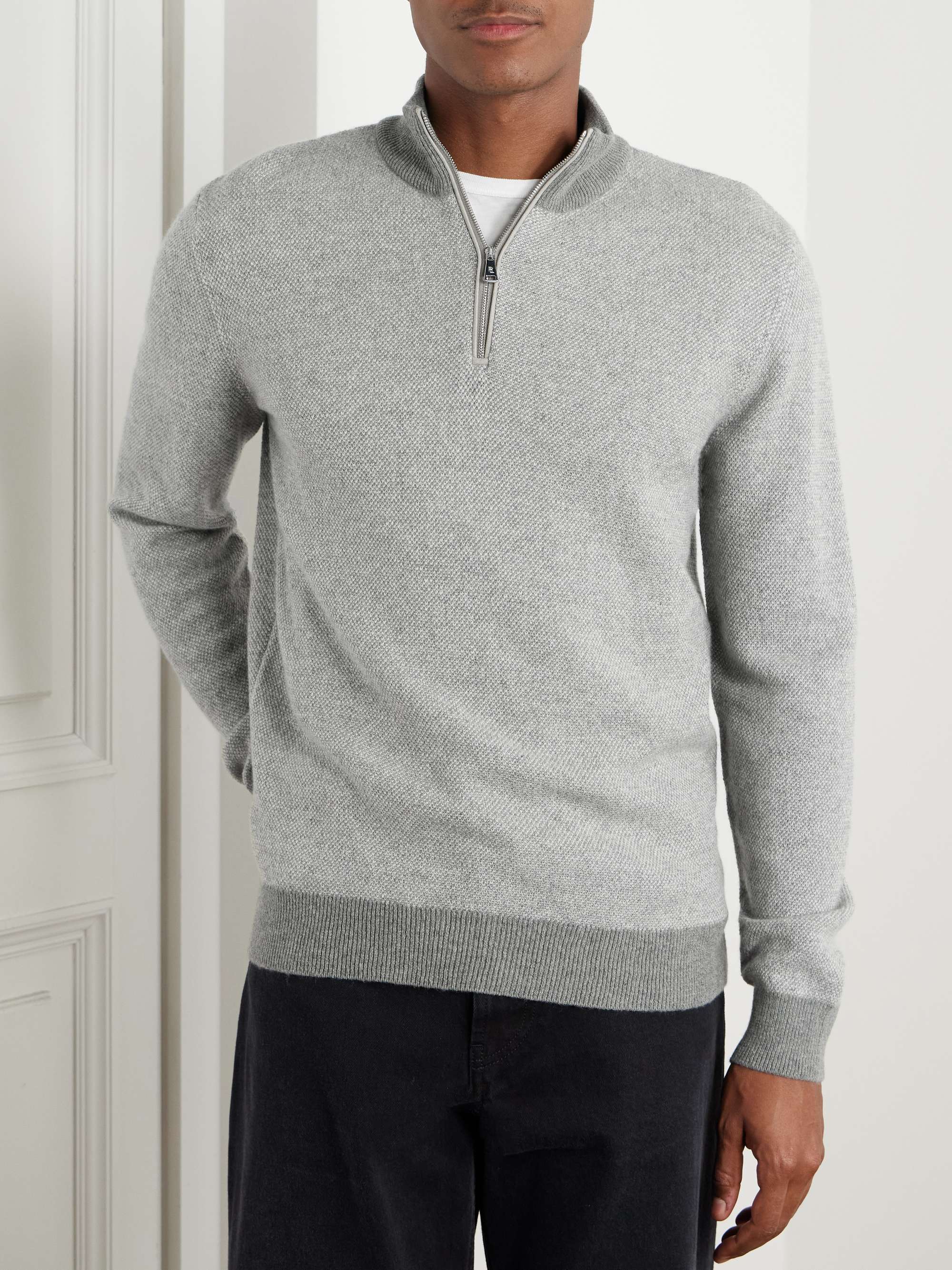 Slim-Fit Suede-Trimmed Cashmere Half-Zip Sweater view