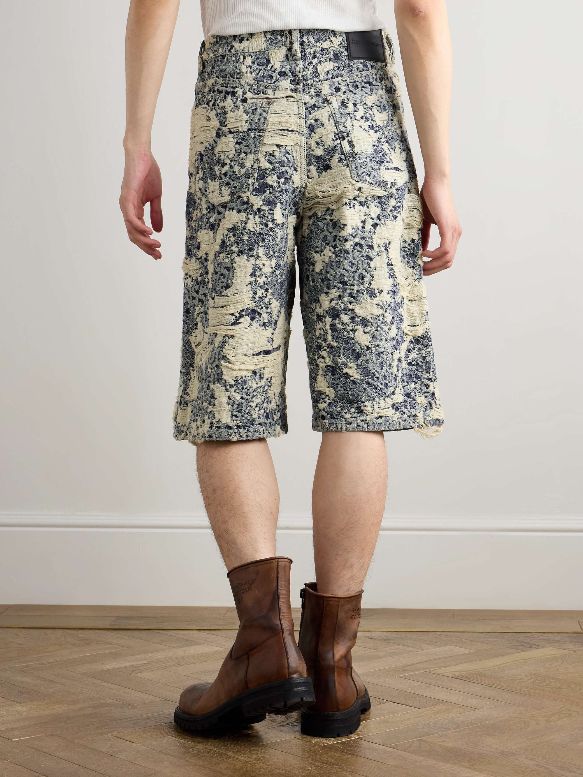 Straight-Leg Logo-Jacquard Distressed Denim Shorts view
