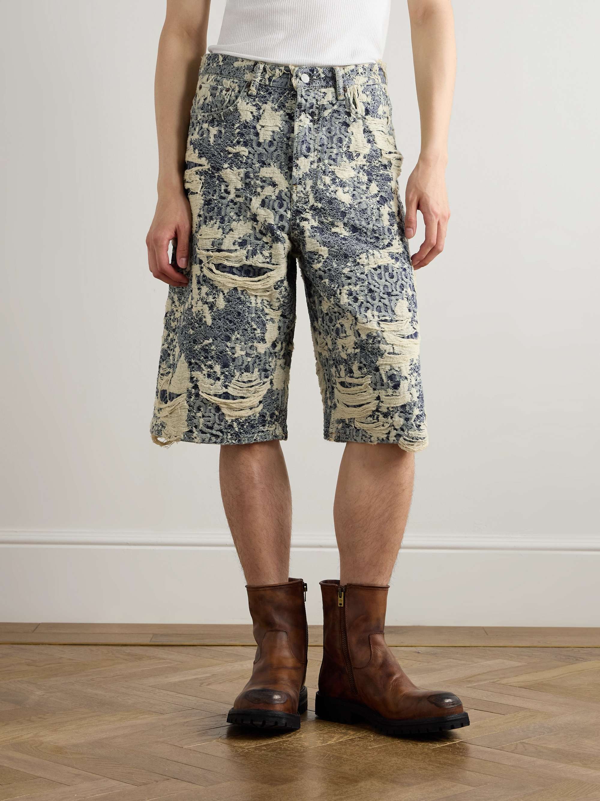 Straight-Leg Logo-Jacquard Distressed Denim Shorts view