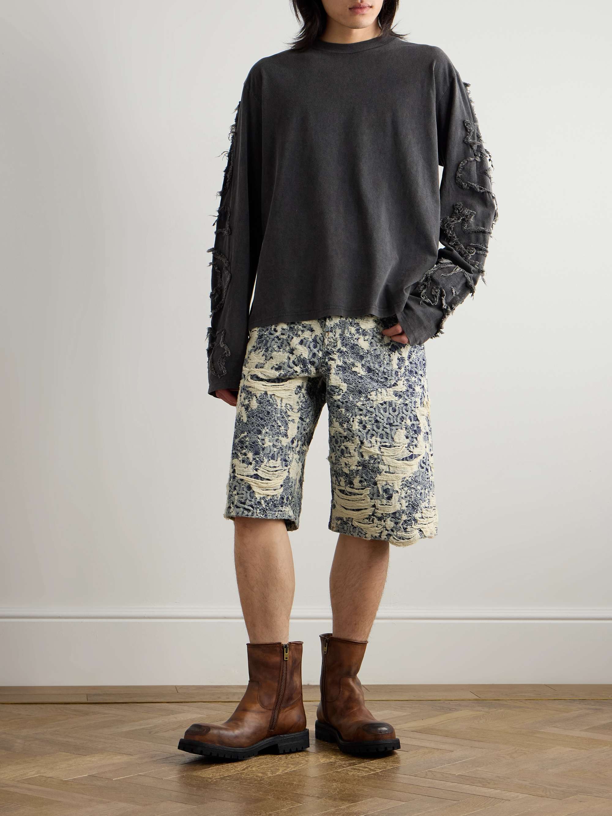 Straight-Leg Logo-Jacquard Distressed Denim Shorts view