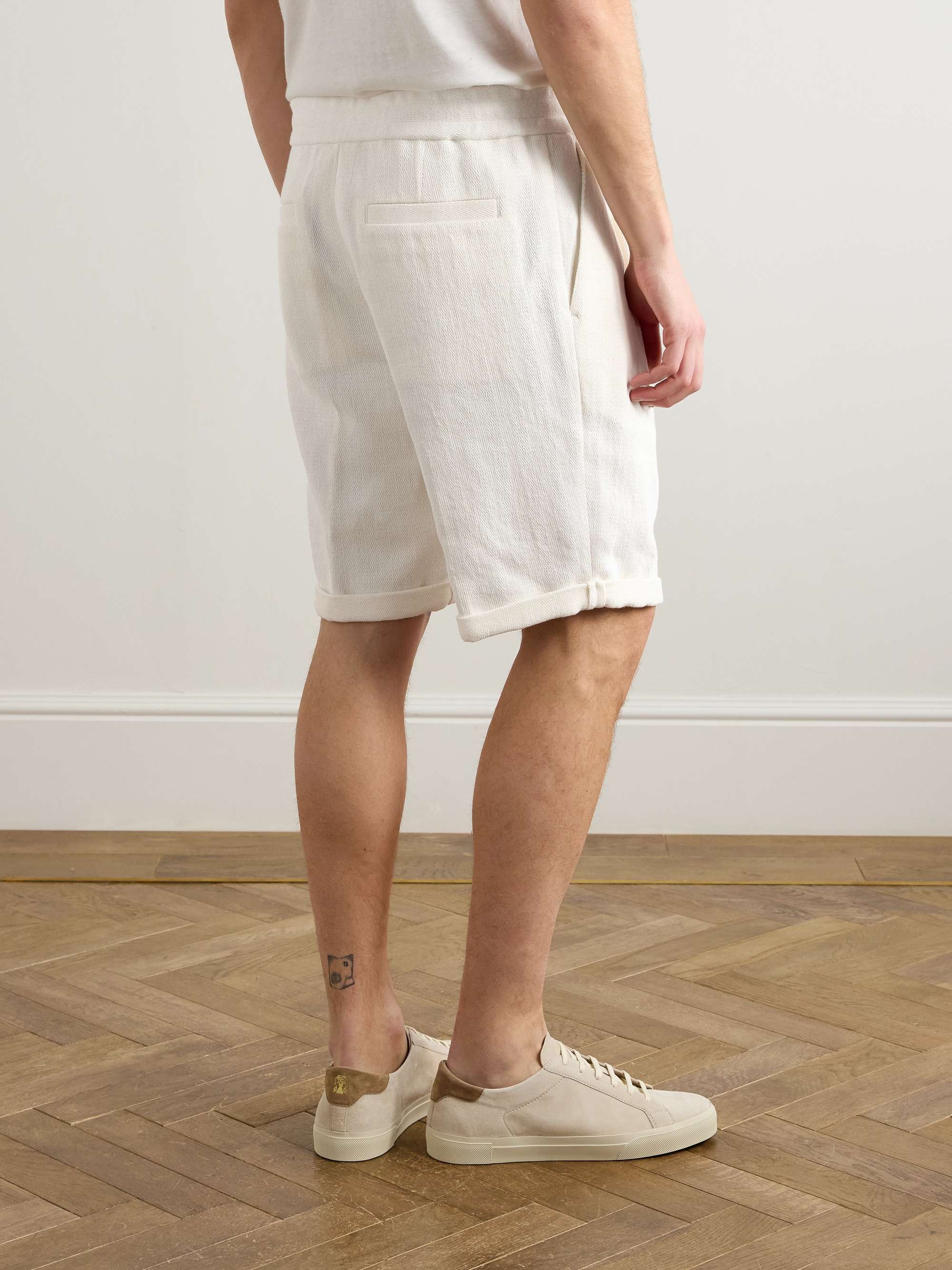 Straight-Leg Pleated Herringbone Cotton and Linen-Blend Drawstring Bermuda Shorts view