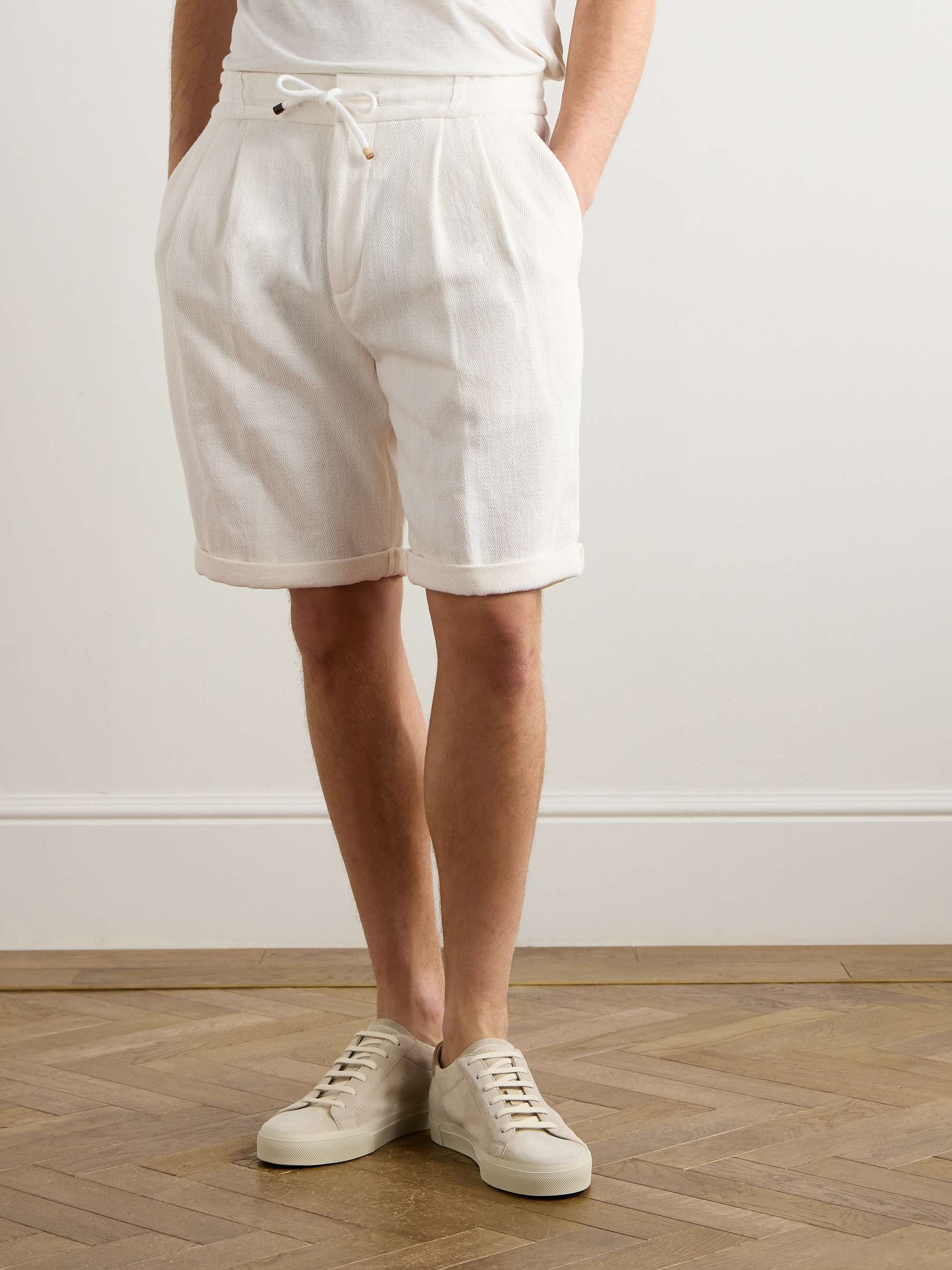 Straight-Leg Pleated Herringbone Cotton and Linen-Blend Drawstring Bermuda Shorts view