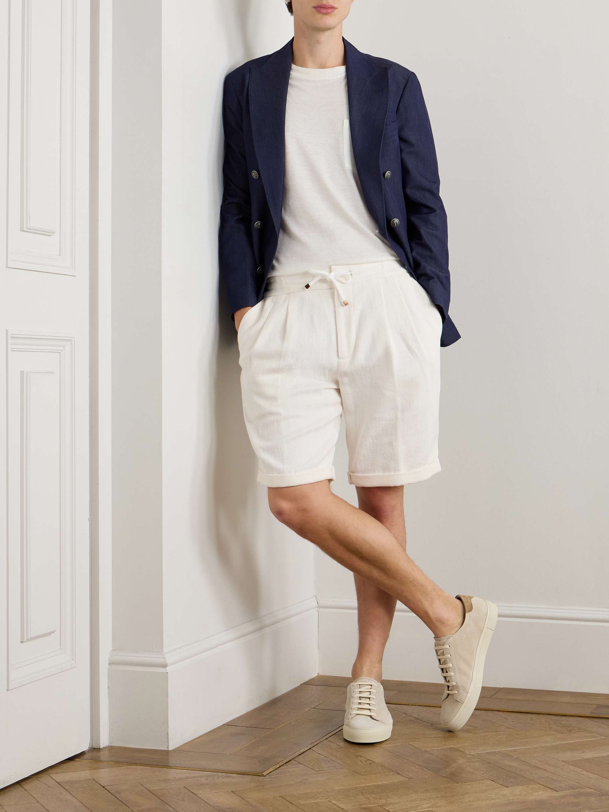 Straight-Leg Pleated Herringbone Cotton and Linen-Blend Drawstring Bermuda Shorts view