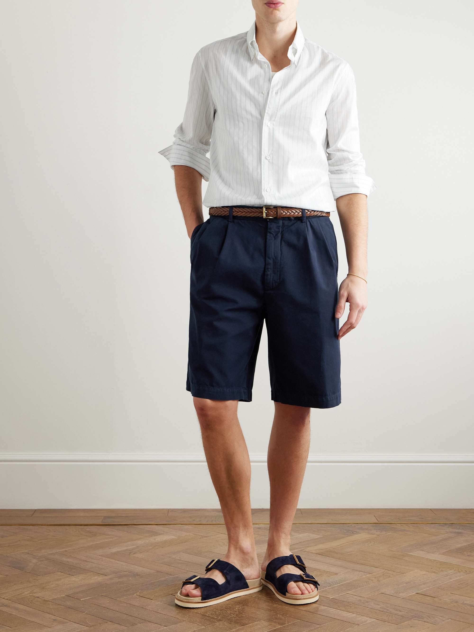 Straight-Leg Pleated Cotton-Twill Shorts view