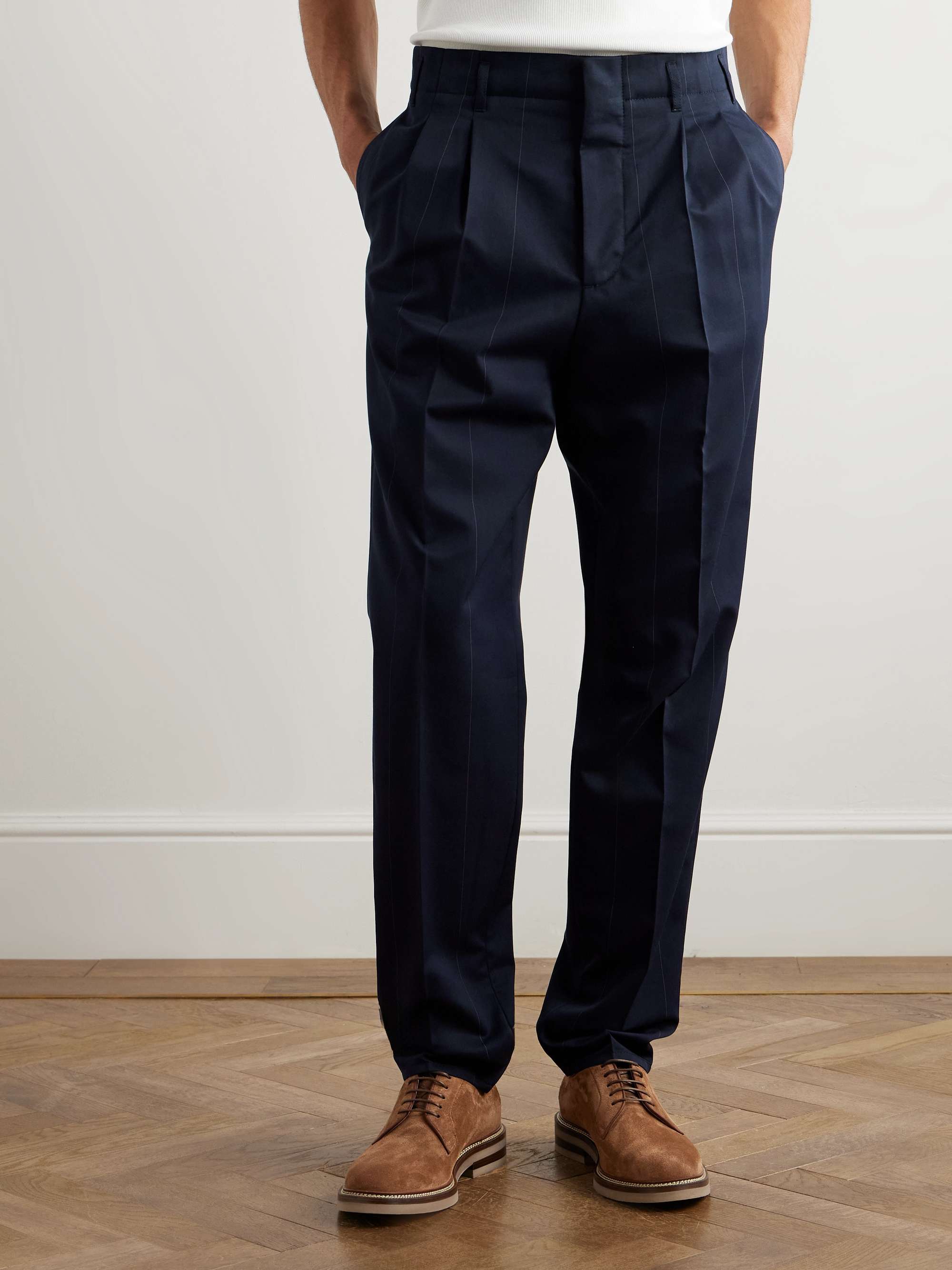 Tapered Pleated Pinstriped Wool and Cotton-Blend Trousers view