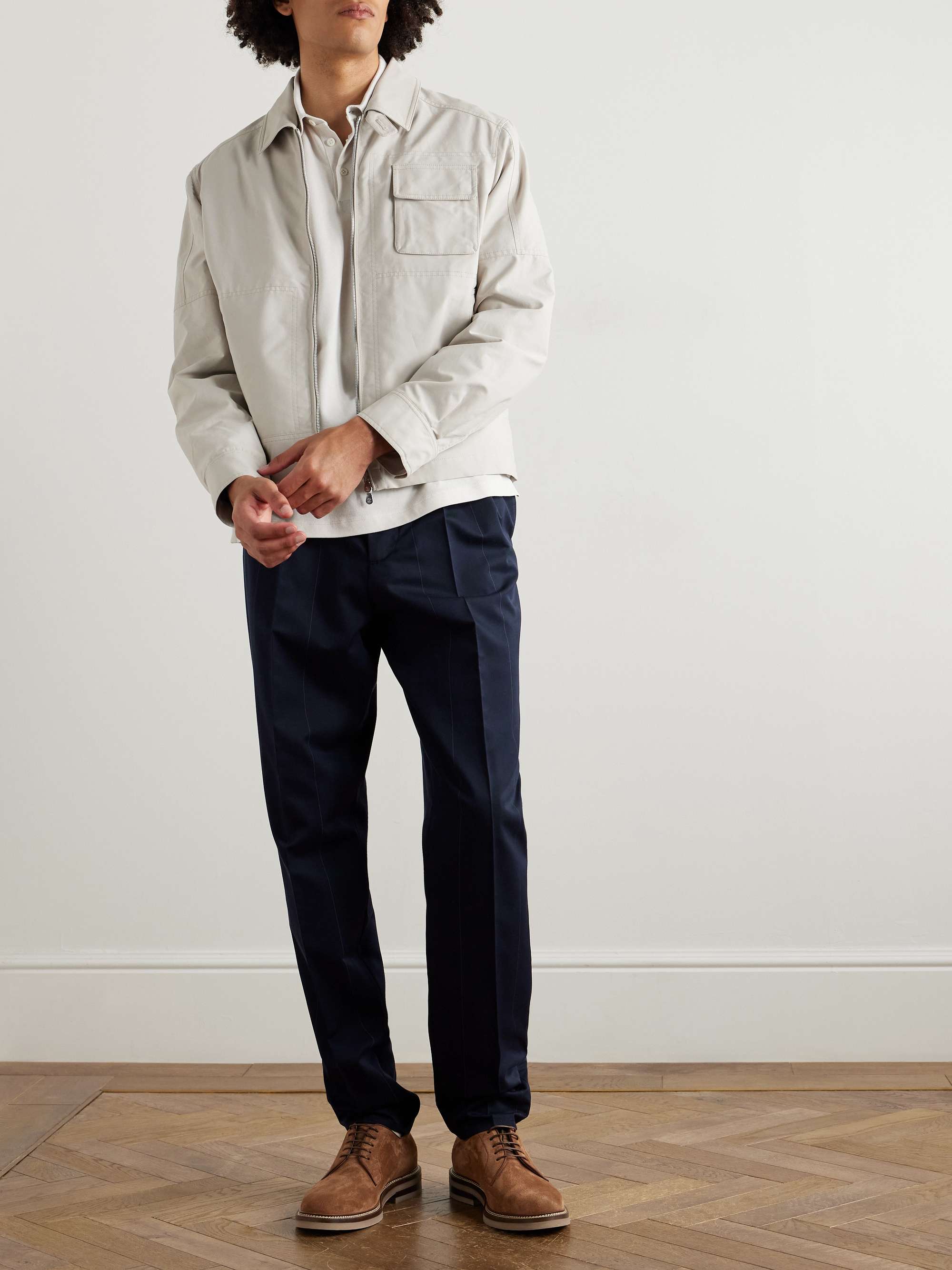 Tapered Pleated Pinstriped Wool and Cotton-Blend Trousers view