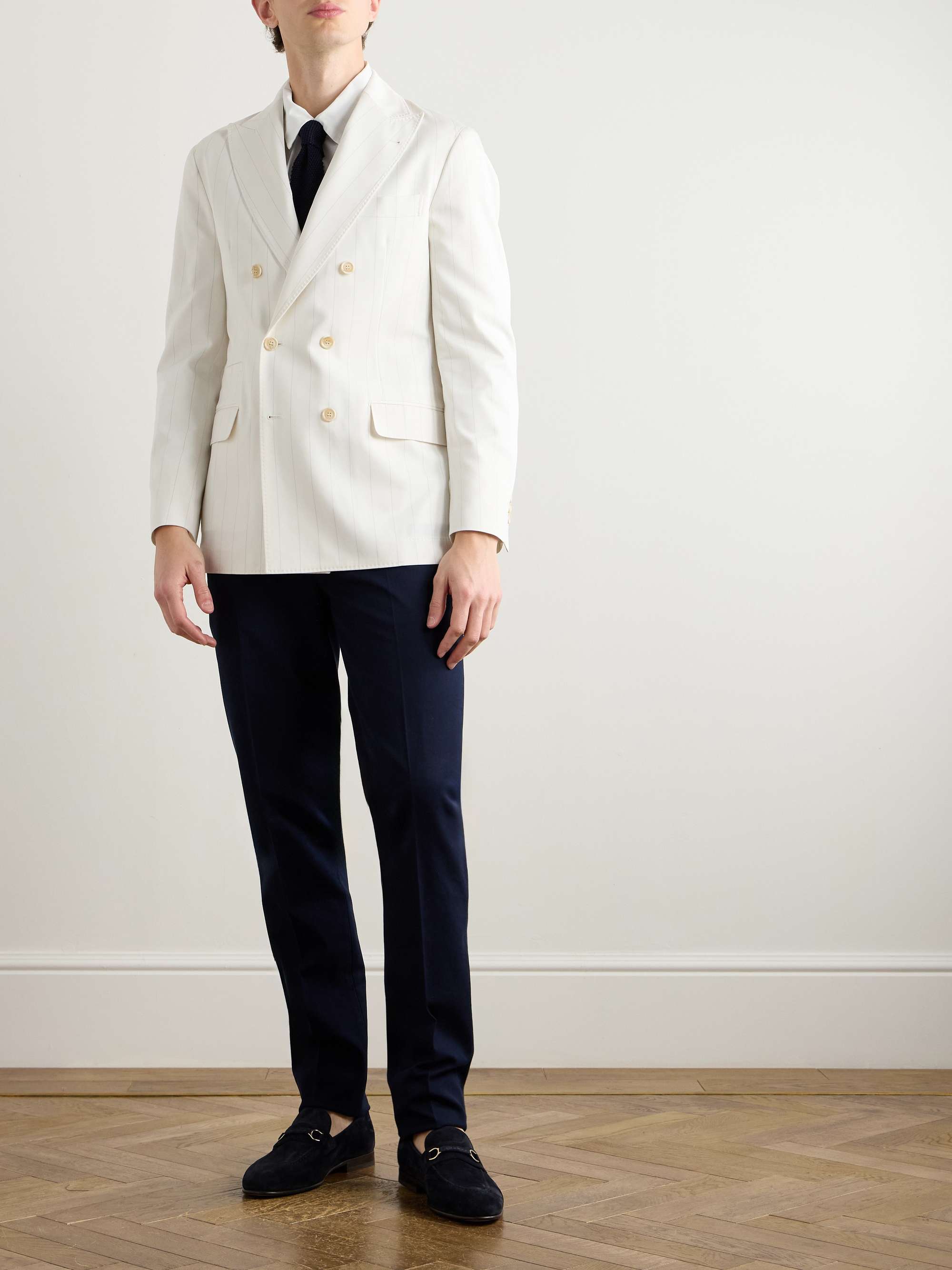 Double-Breasted Pinstriped Wool and Cotton-Blend Twill Blazer view