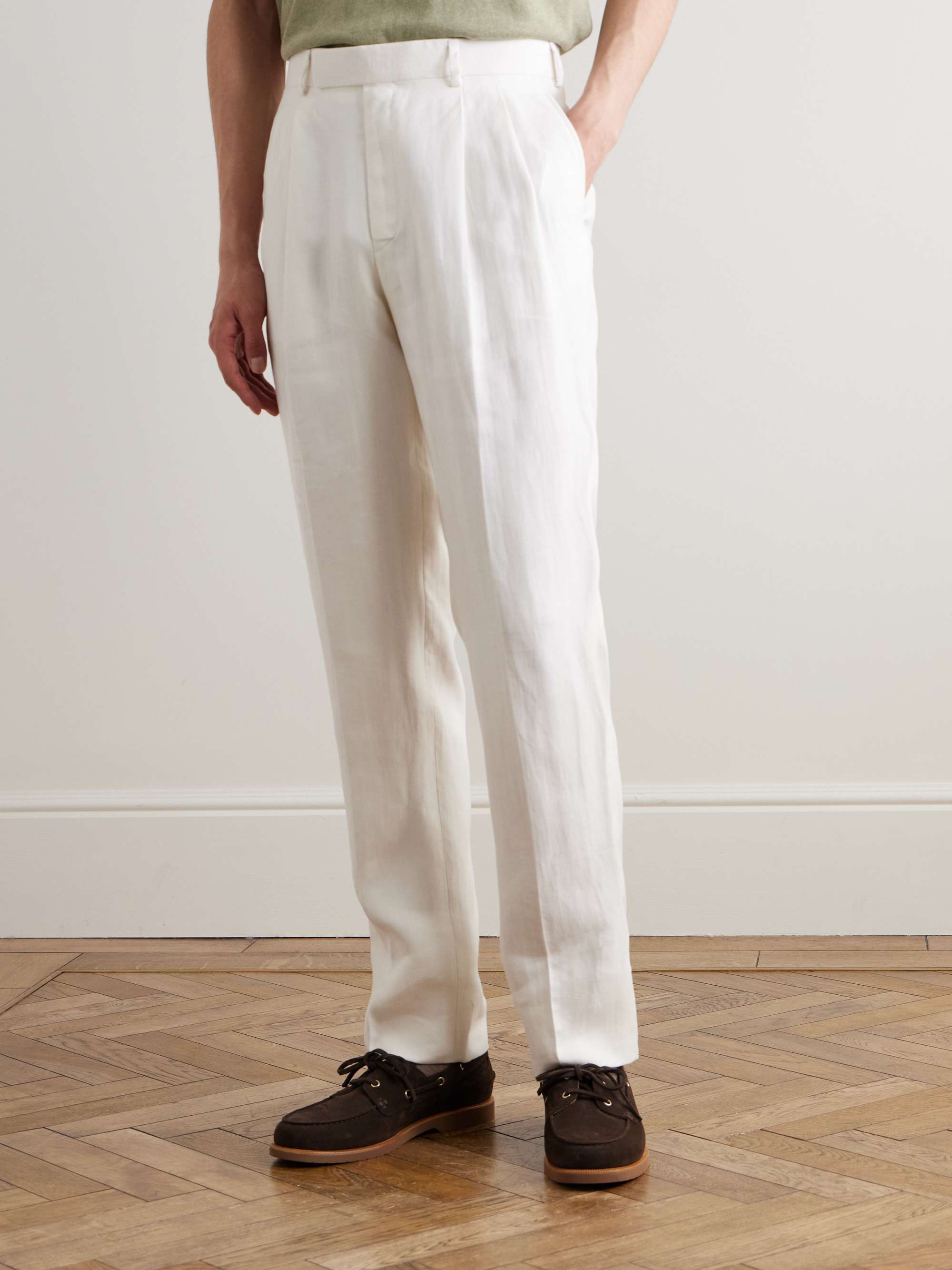 Tapered Pleated Herringbone Linen-Twill Suit Trousers view