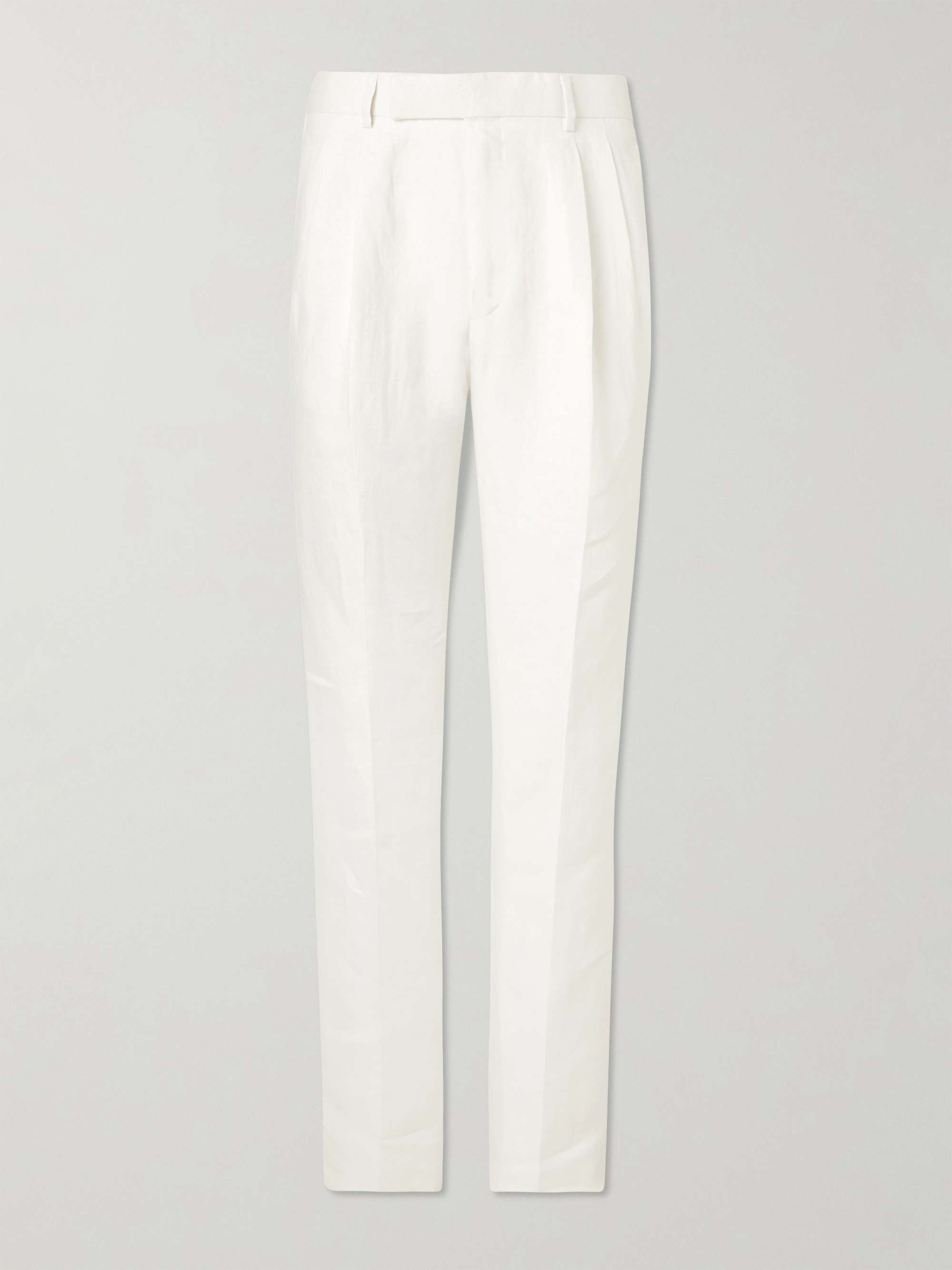 Tapered Pleated Herringbone Linen-Twill Suit Trousers view