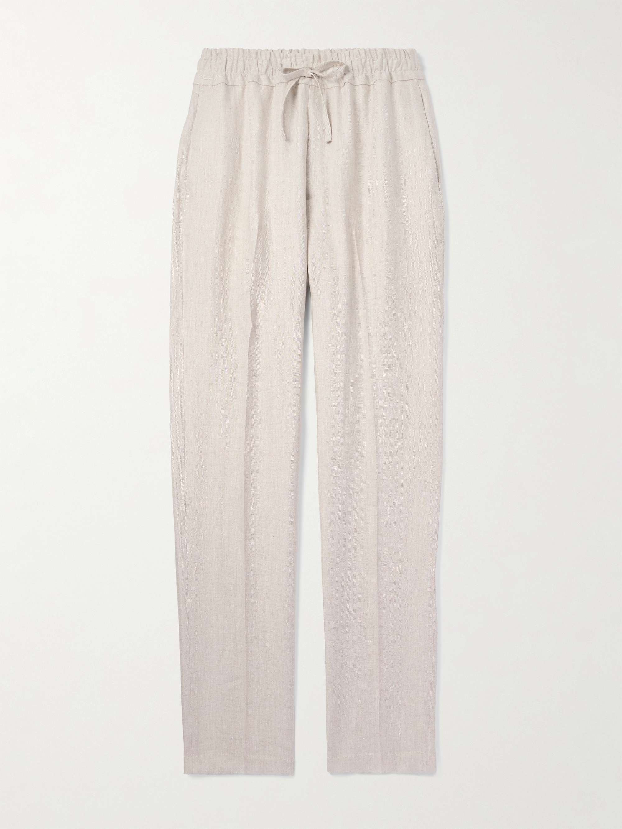 Straight-Leg Herringbone Linen Drawstring Trousers view
