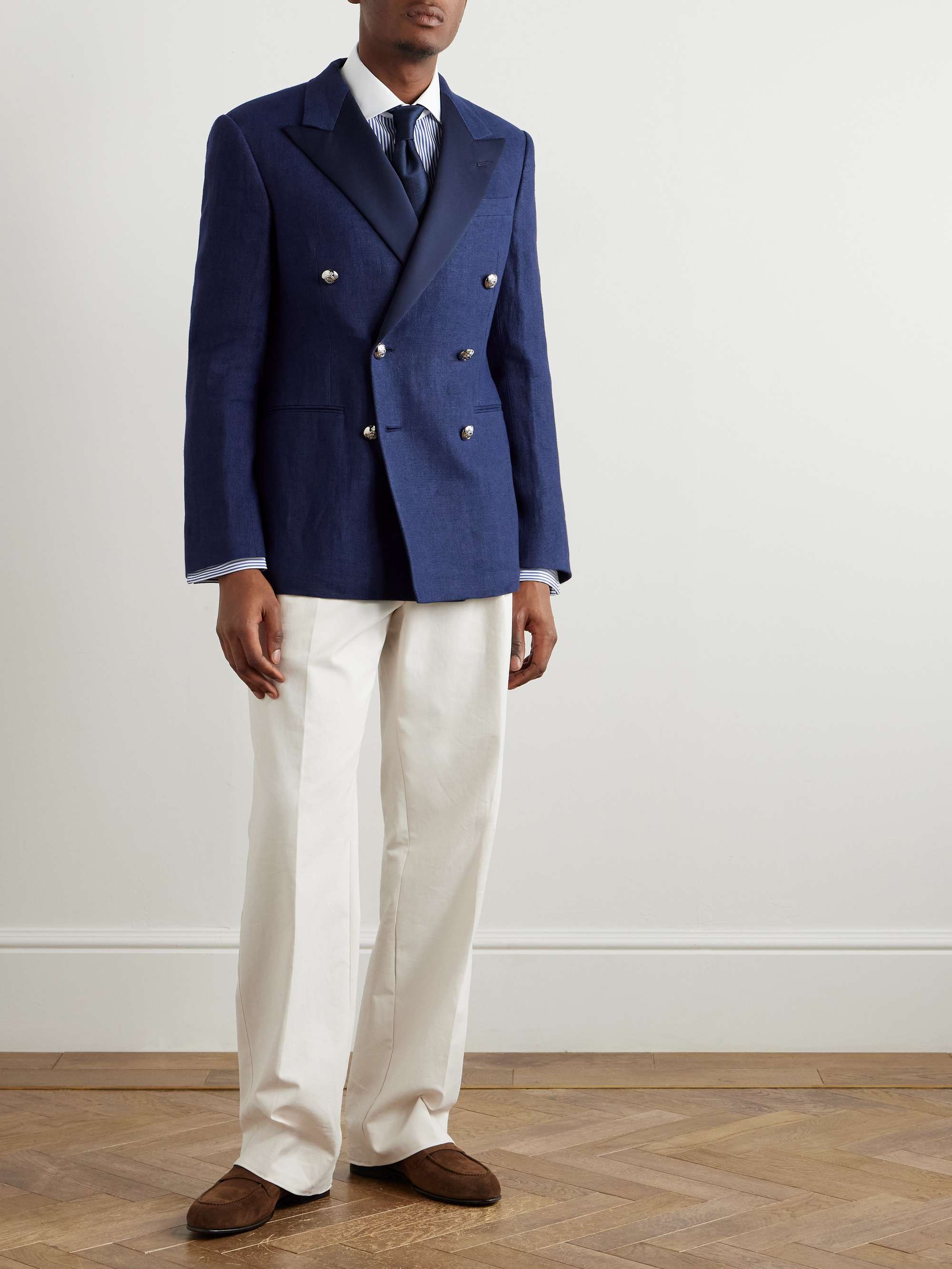 Double-Breasted Satin-Trimmed Linen-Canvas Blazer view