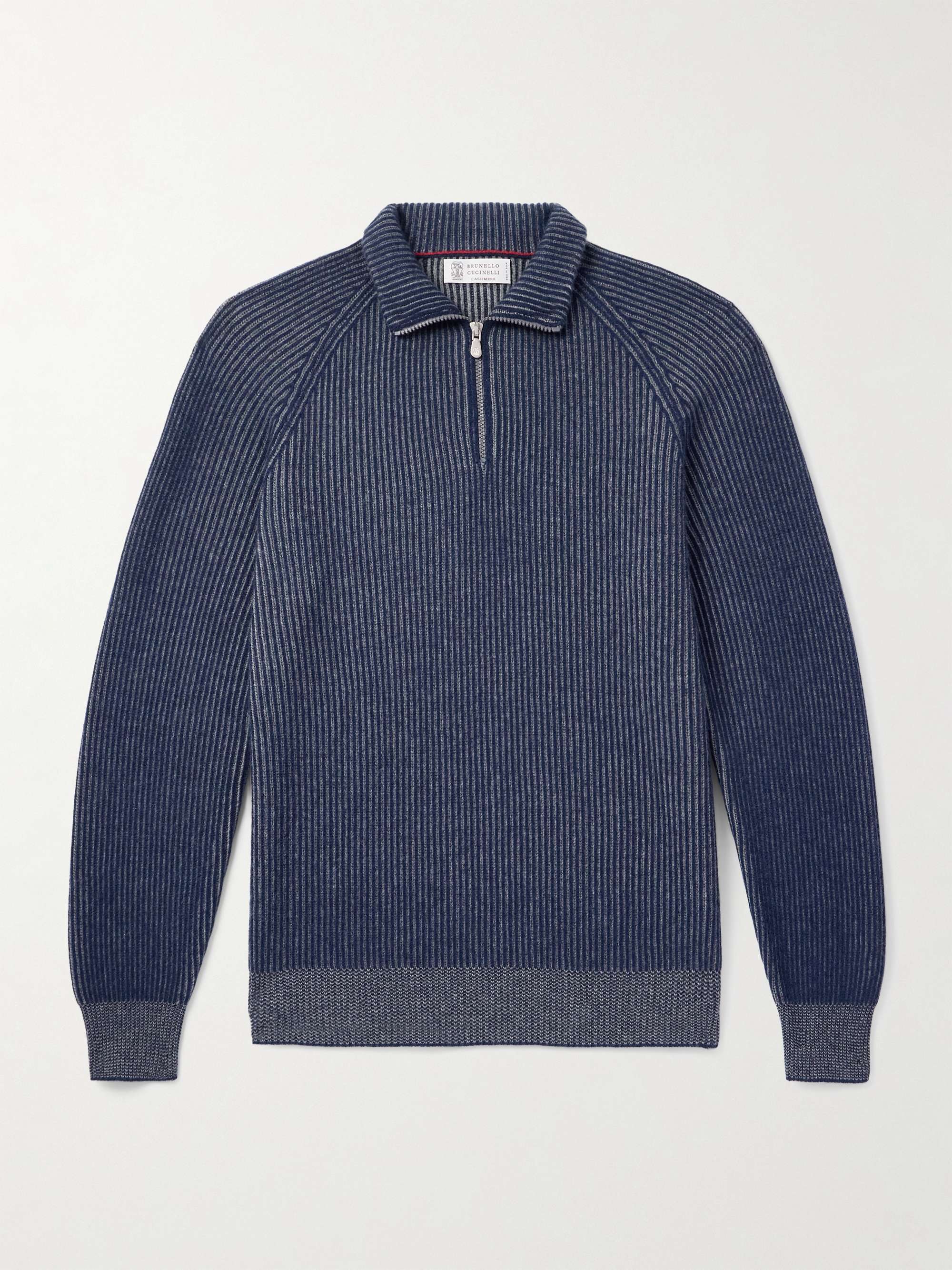Striped Ribbed Cashmere Half-Zip Sweater view