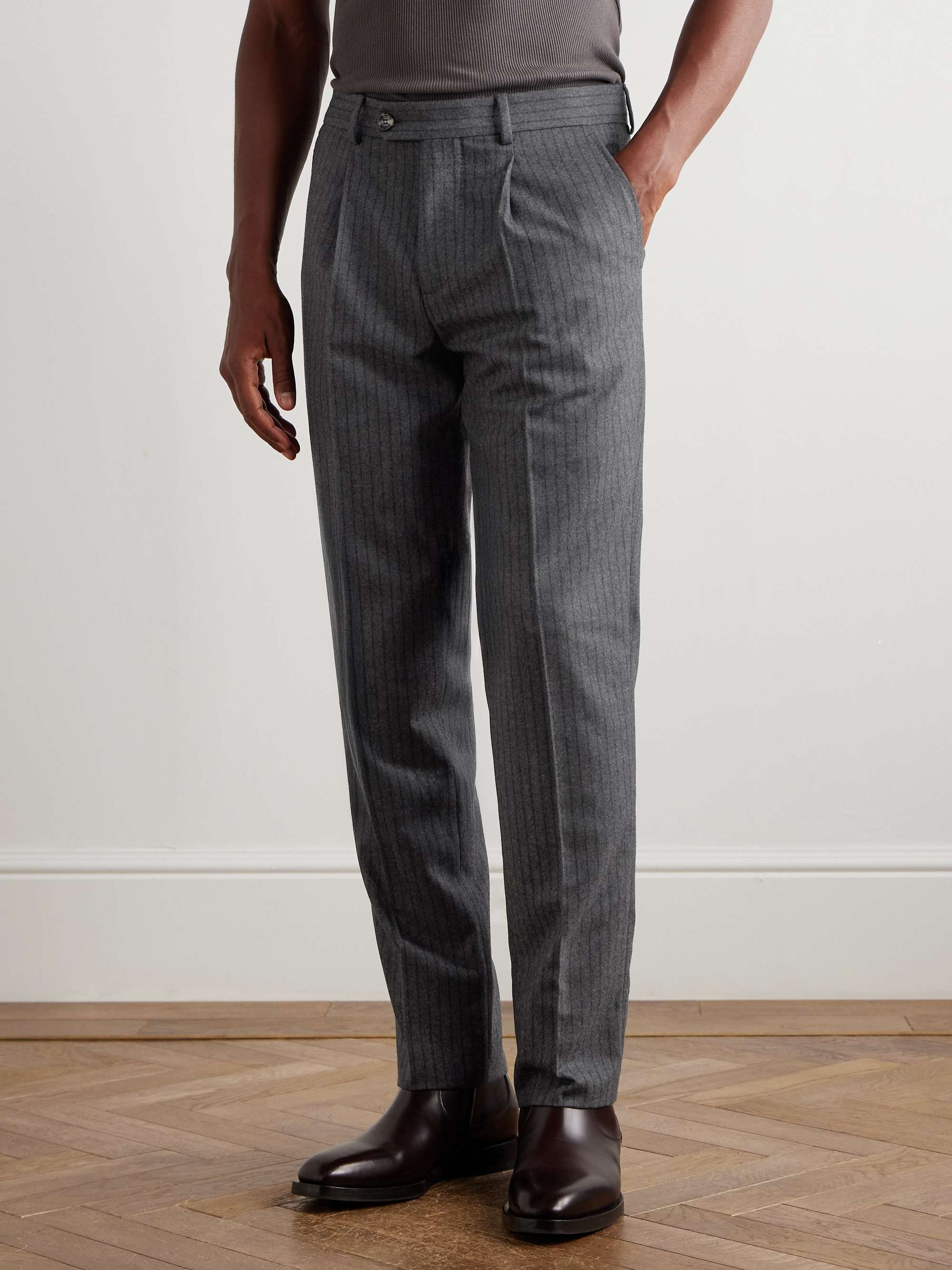 Straight-Leg Pleated Striped Wool-Flannel Suit Trousers view