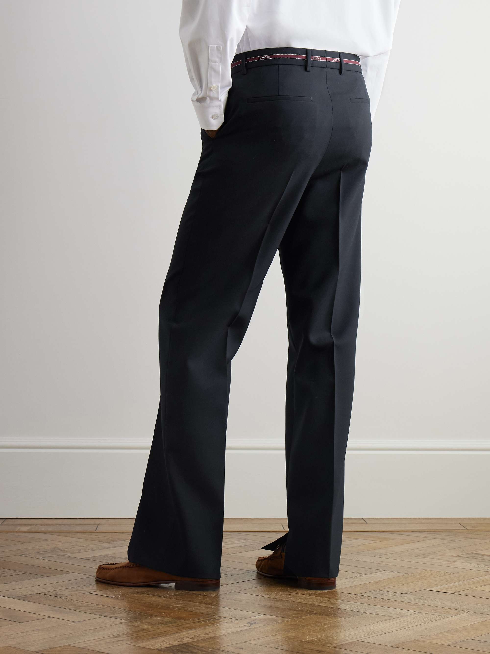 Lido Straight-Leg Logo Jacquard-Trimmed Grain de Poudre Wool Trousers view