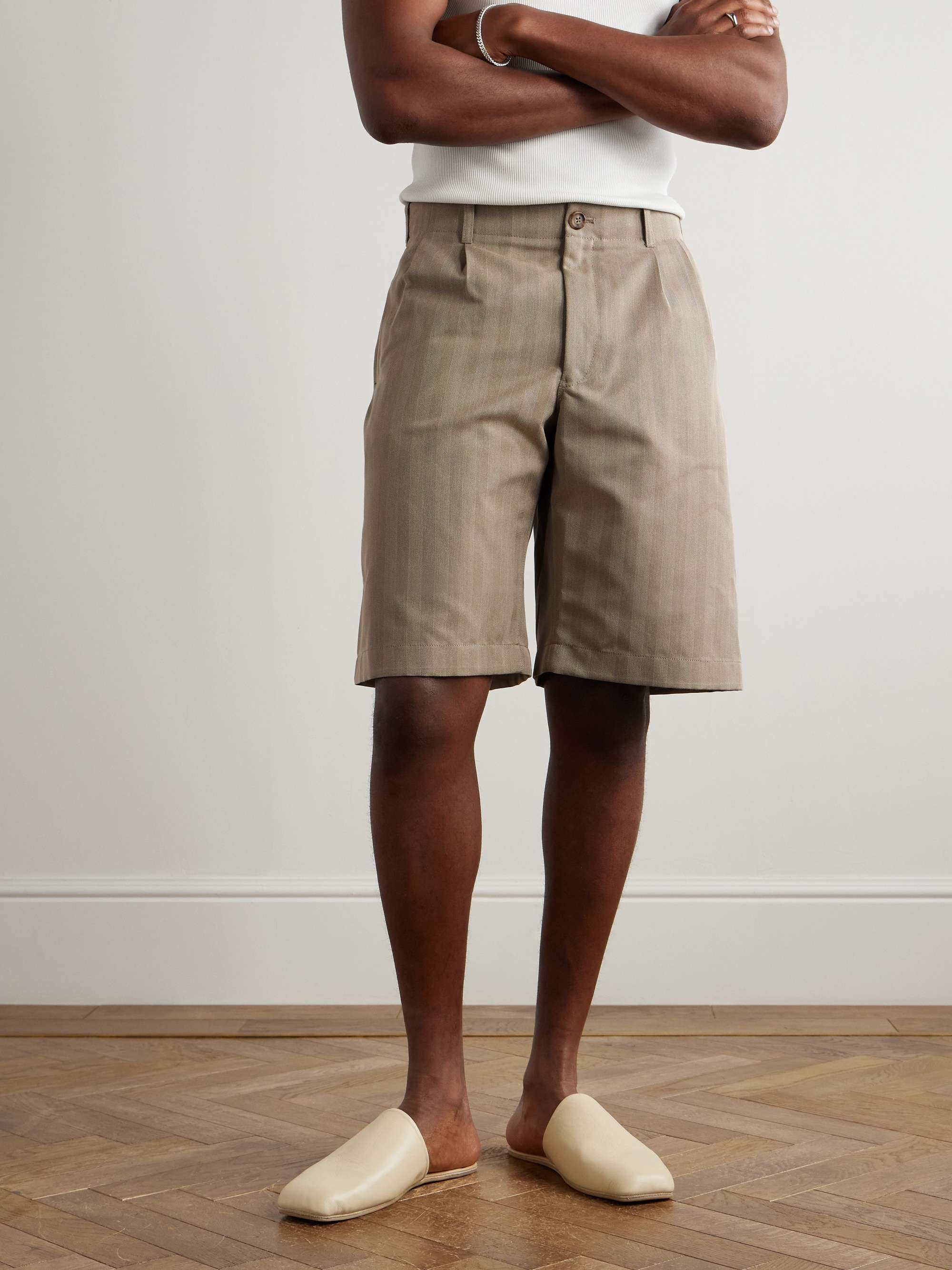 + Emporio Armani Pleated Striped Herringbone Twill Shorts view