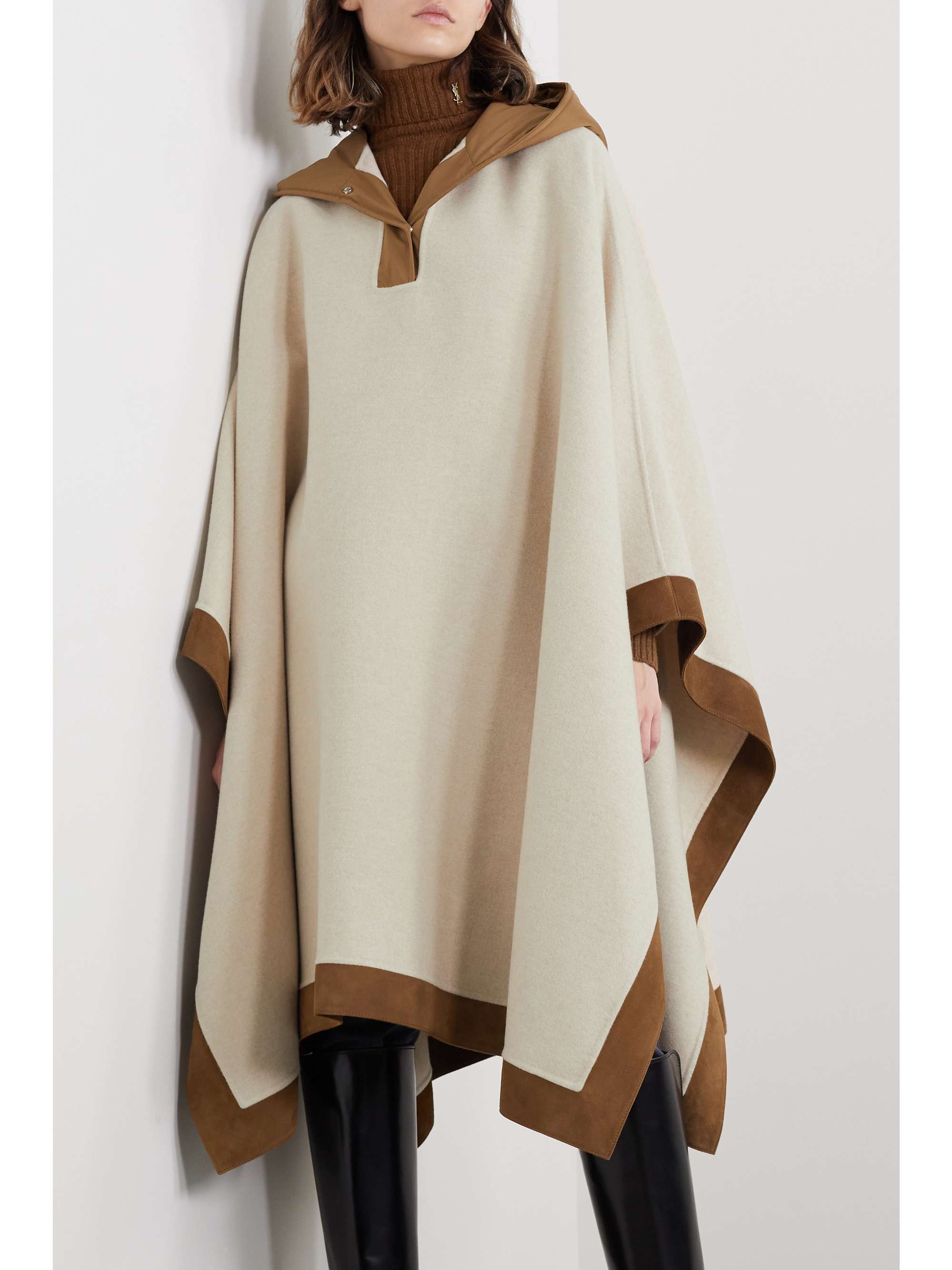Chandra hooded suede and shell-trimmed cashmere cape view