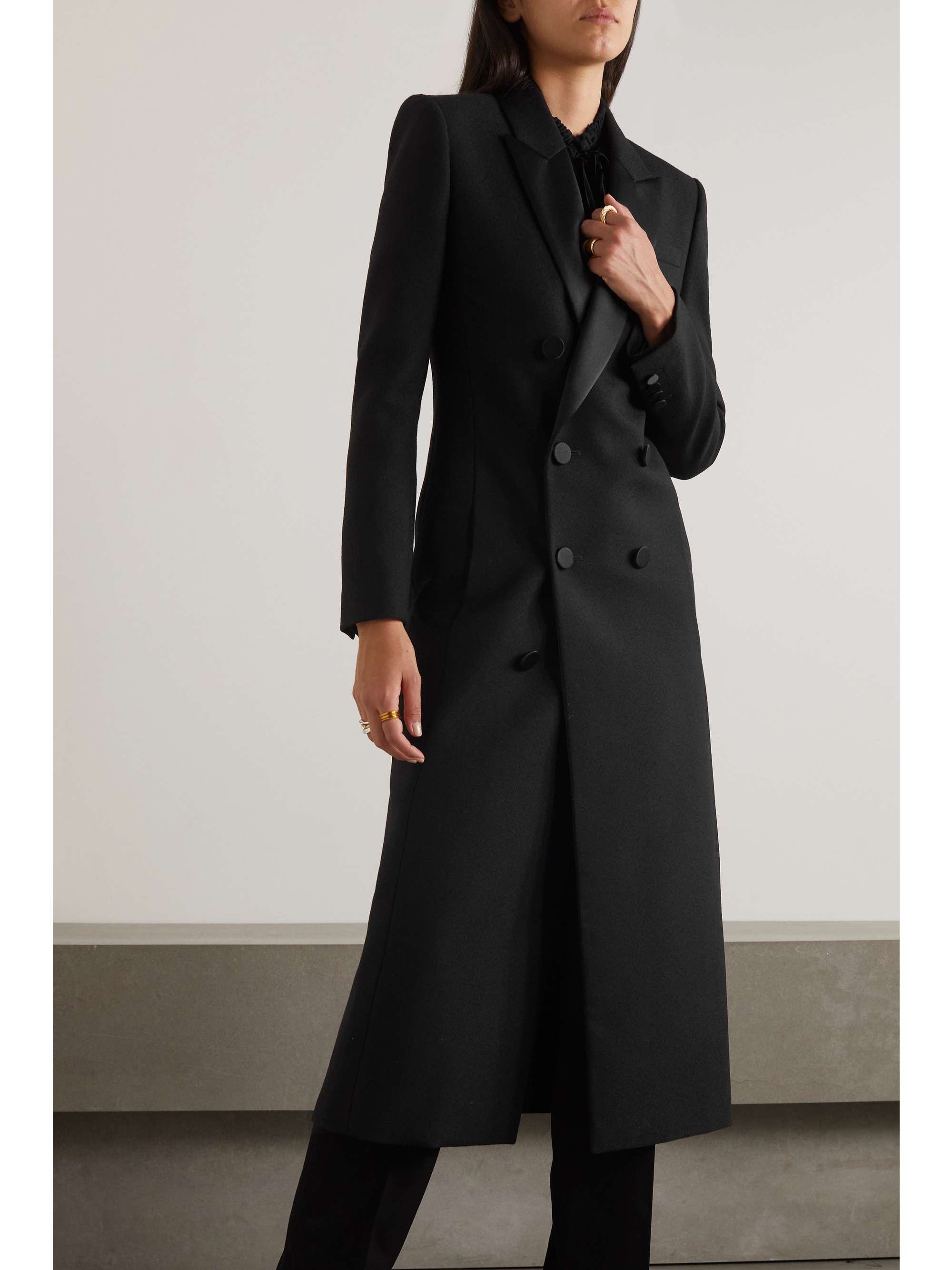 Double-breasted silk-trimmed wool coat view