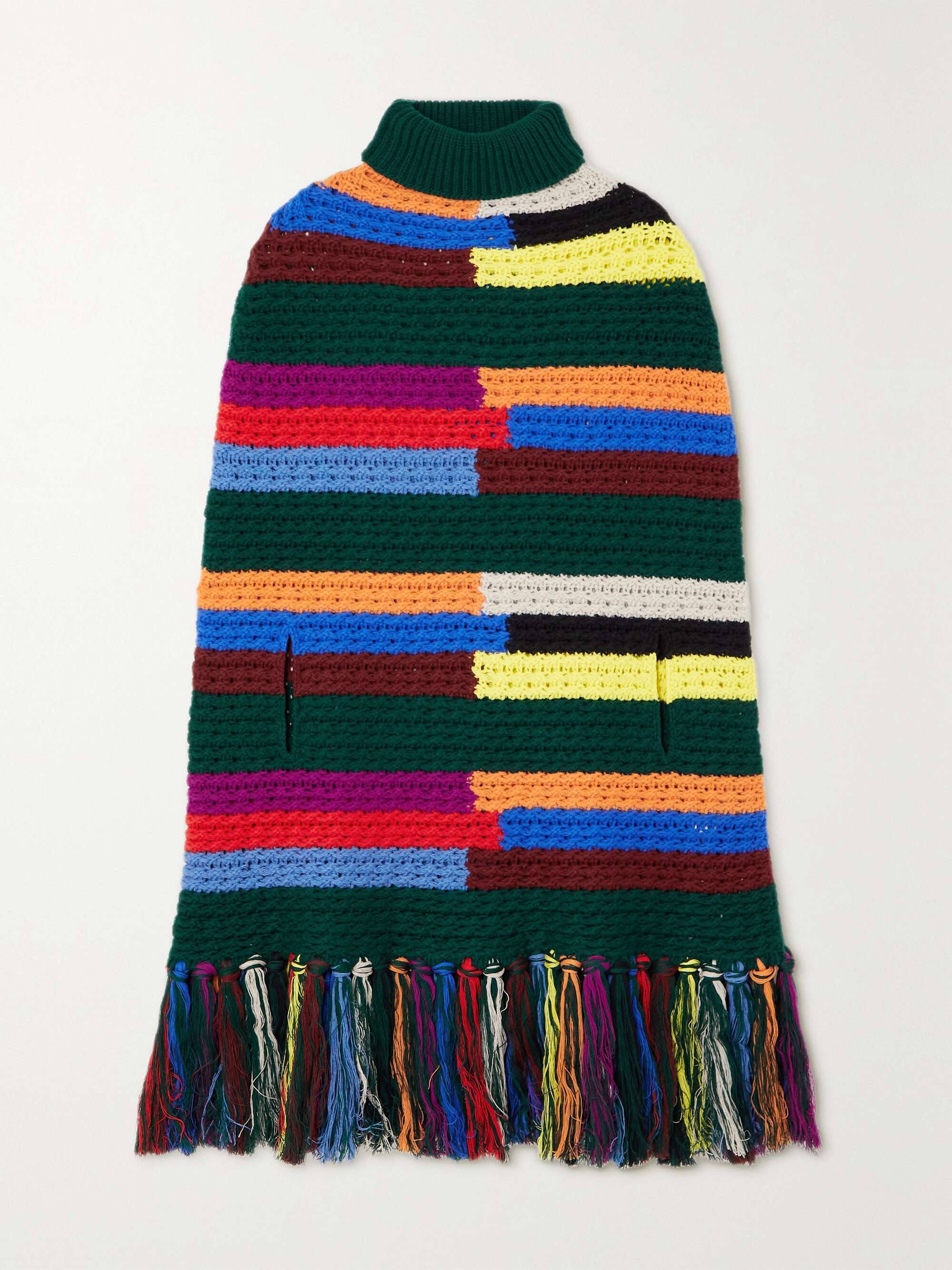 Fringed striped wool turtleneck poncho view