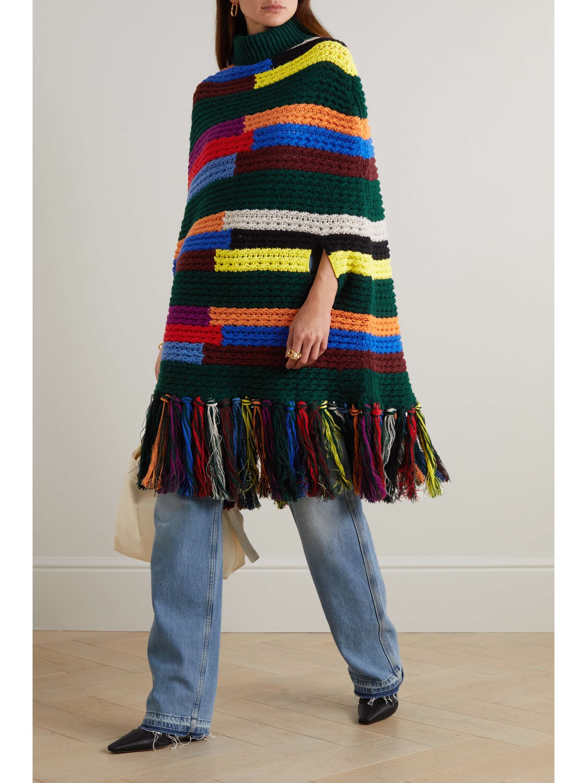Fringed striped wool turtleneck poncho view