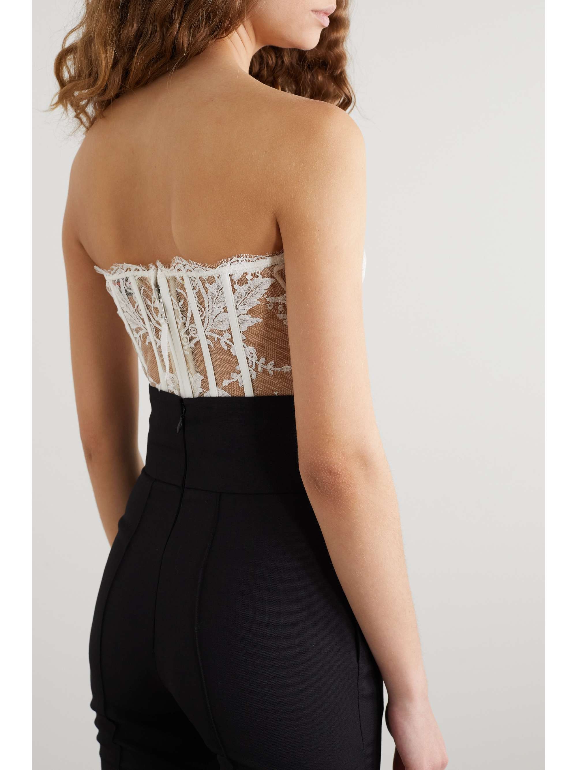Satin-trimmed cotton-blend corded lace bustier top view