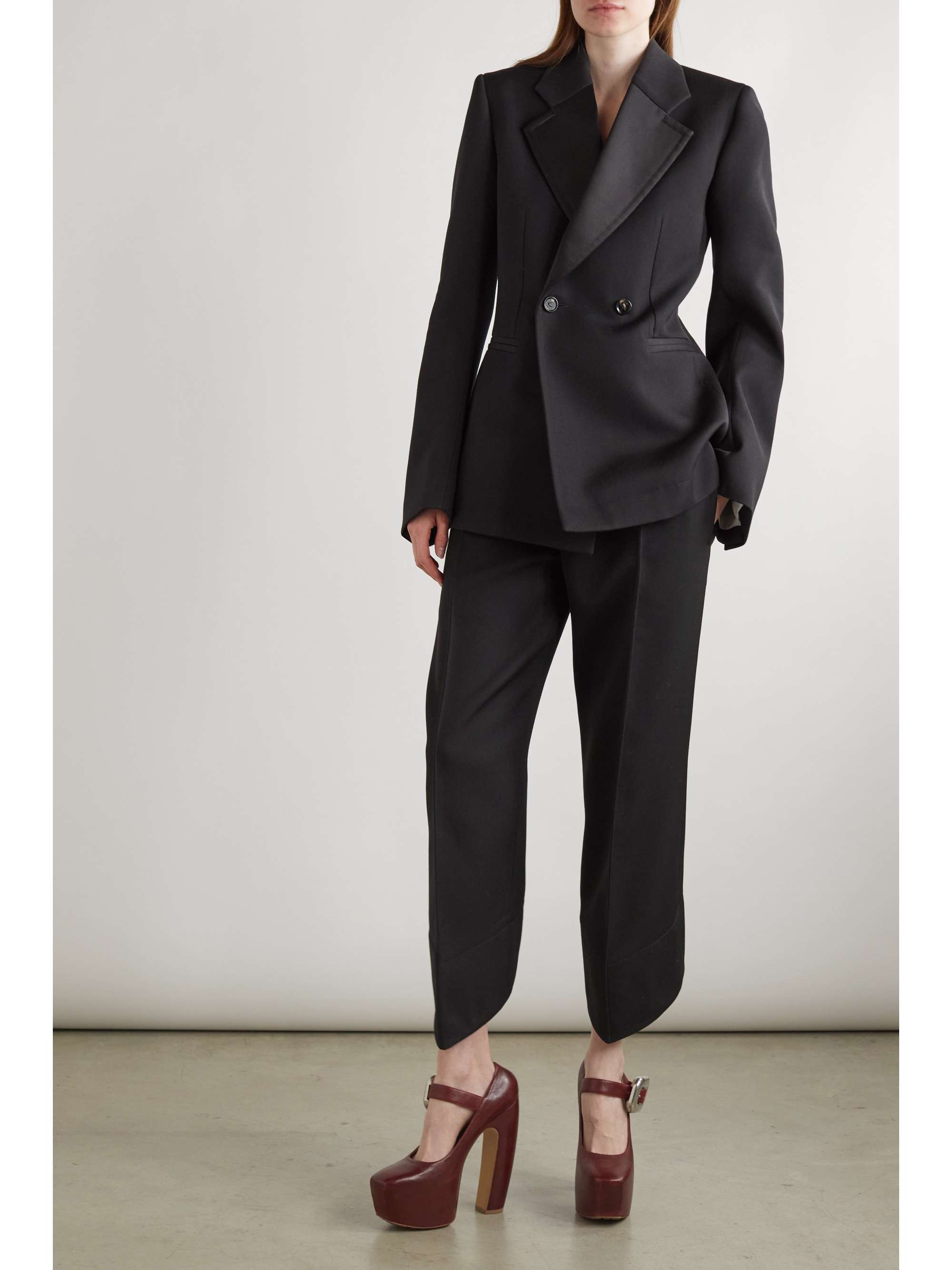 Double-breasted satin-trimmed grain de poudre wool blazer view