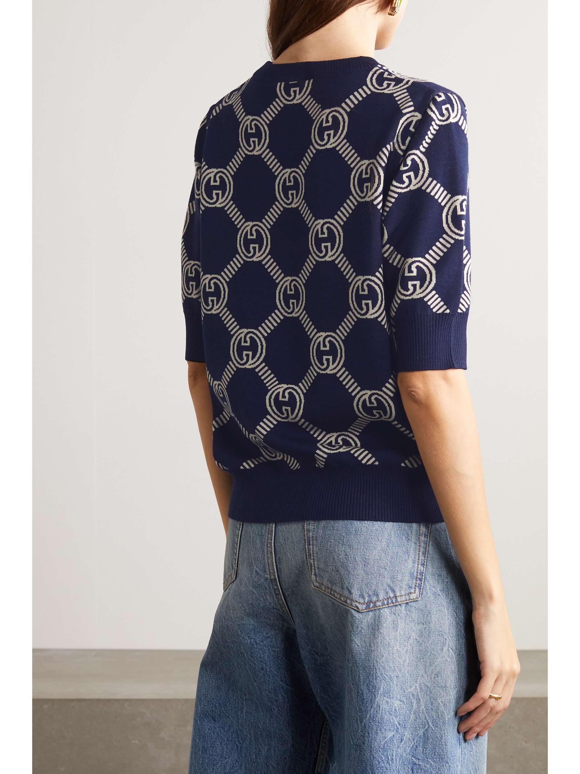 Logo-jacquard stretch wool-blend sweater view