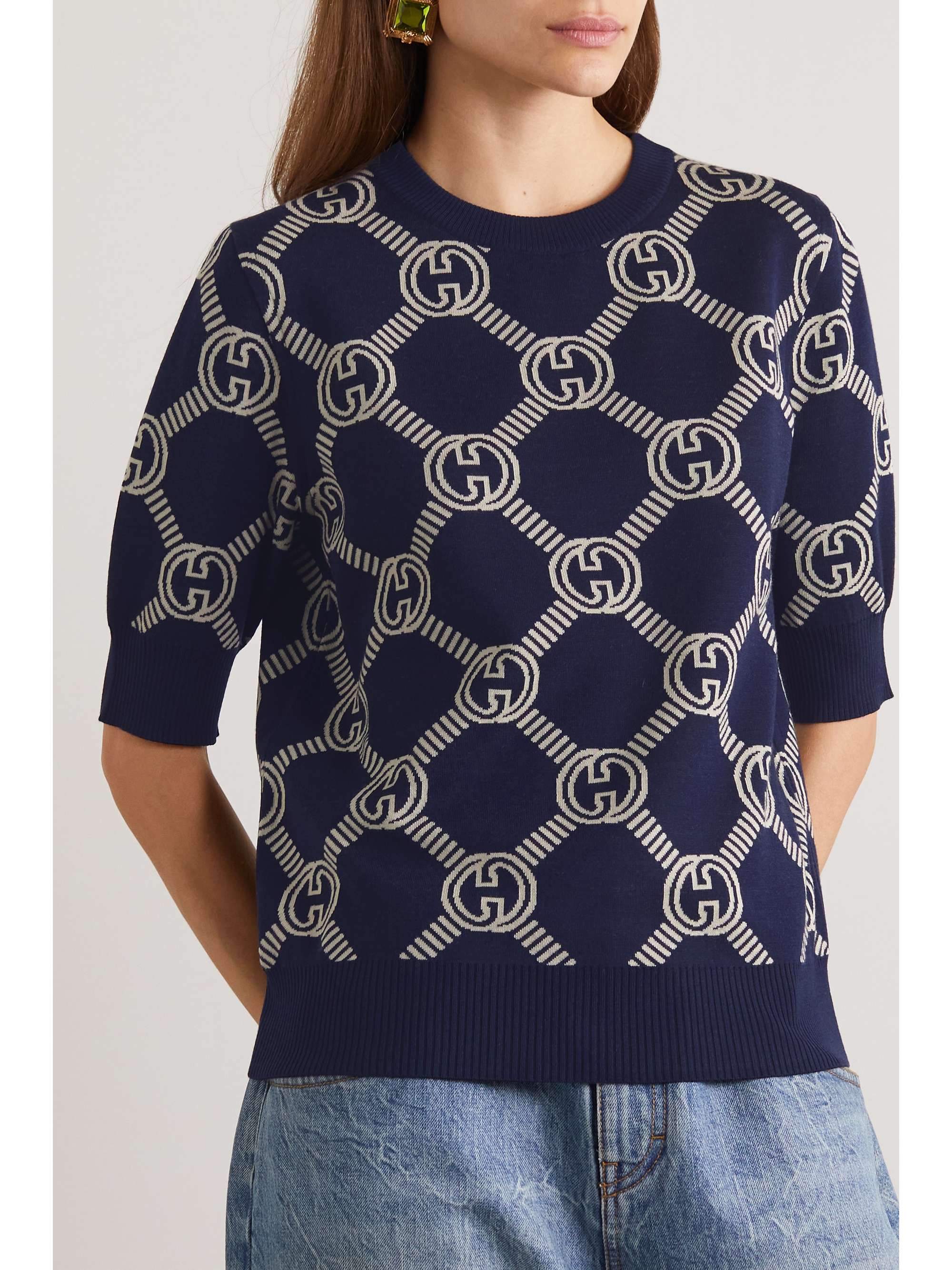 Logo-jacquard stretch wool-blend sweater view