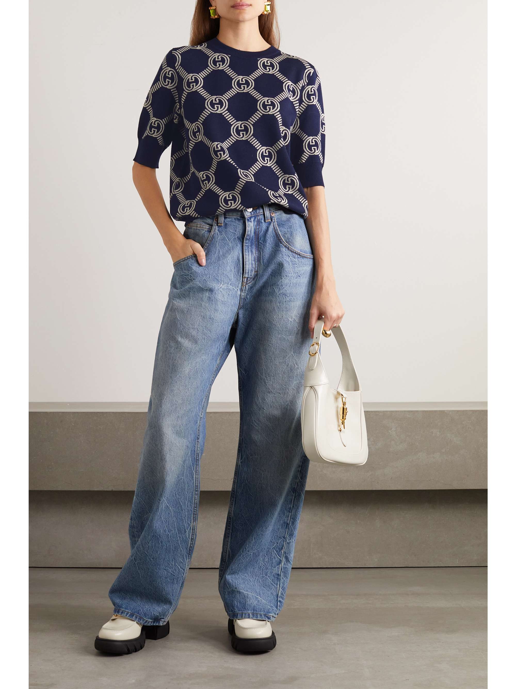 Logo-jacquard stretch wool-blend sweater view