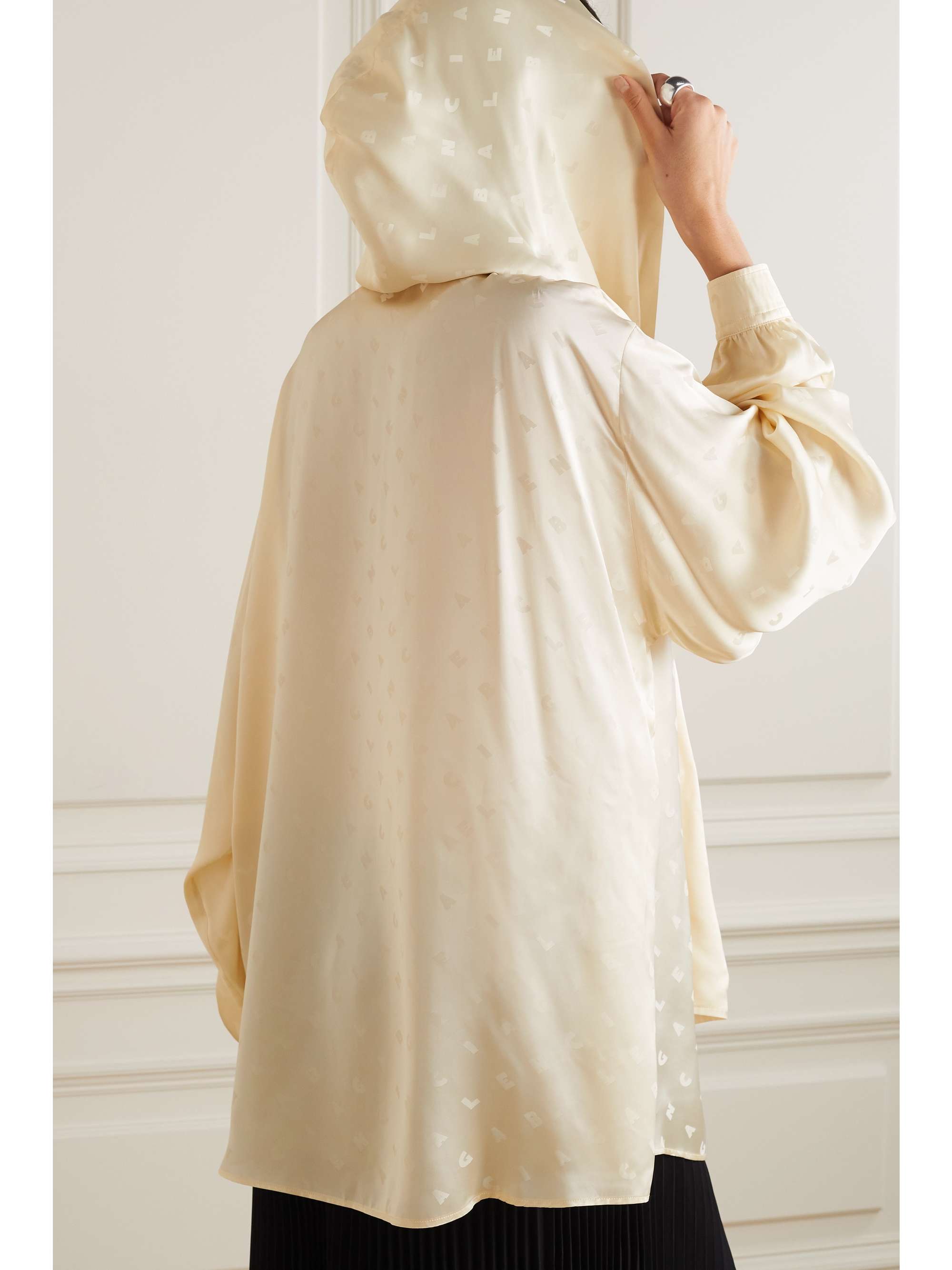 Oversized hooded pussy-bow satin-jacquard blouse view