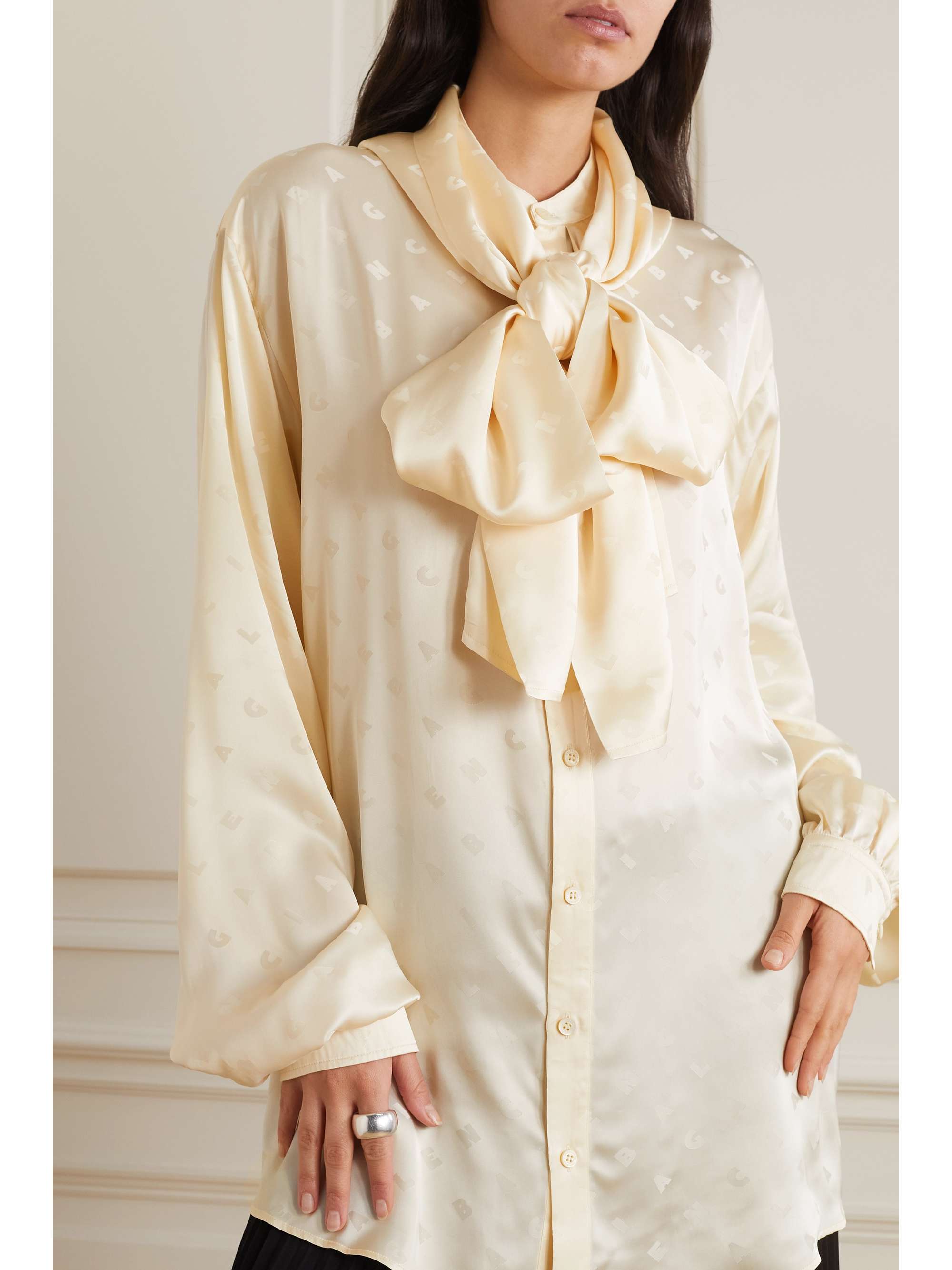 Oversized hooded pussy-bow satin-jacquard blouse view