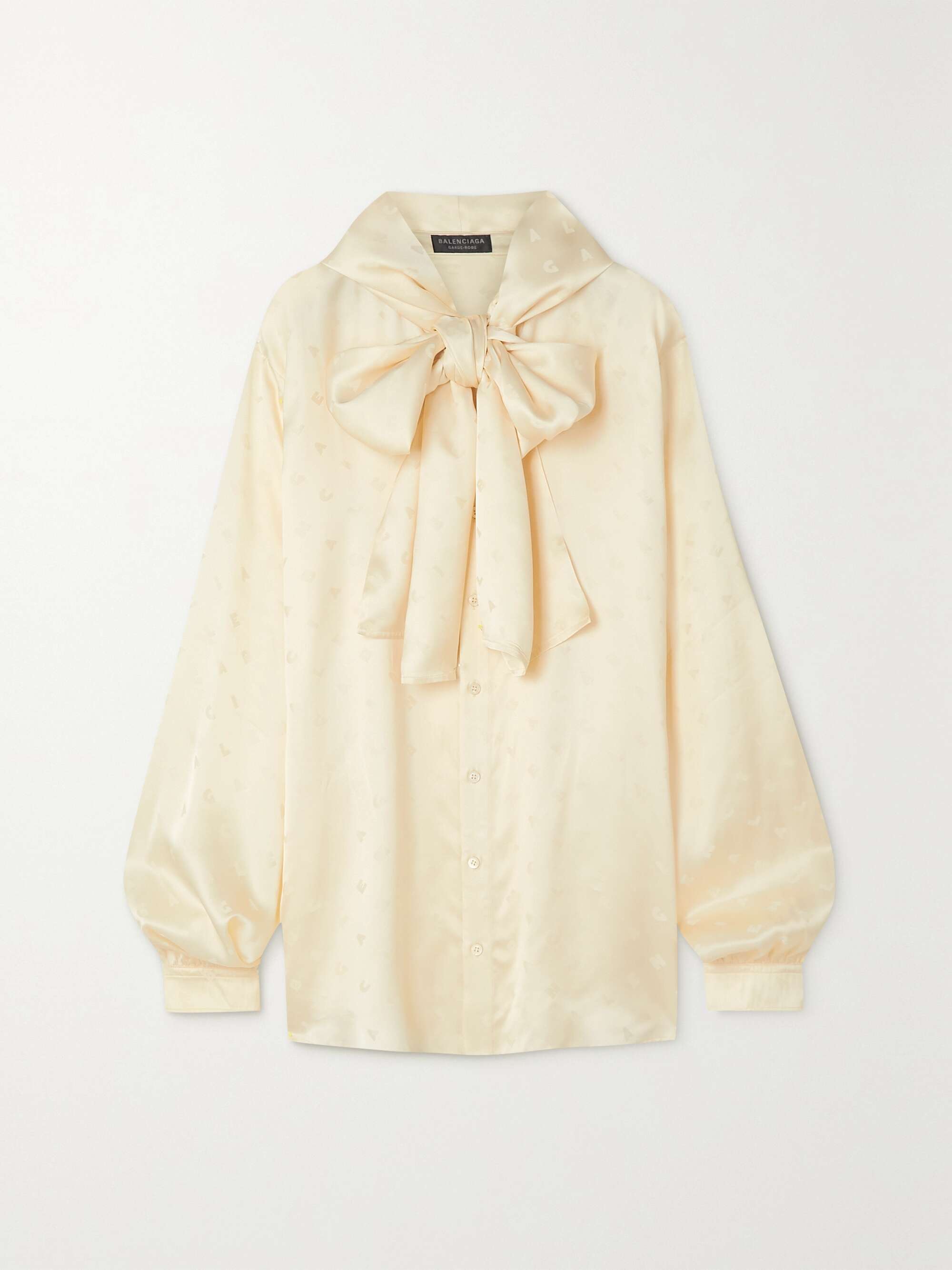 Oversized hooded pussy-bow satin-jacquard blouse view
