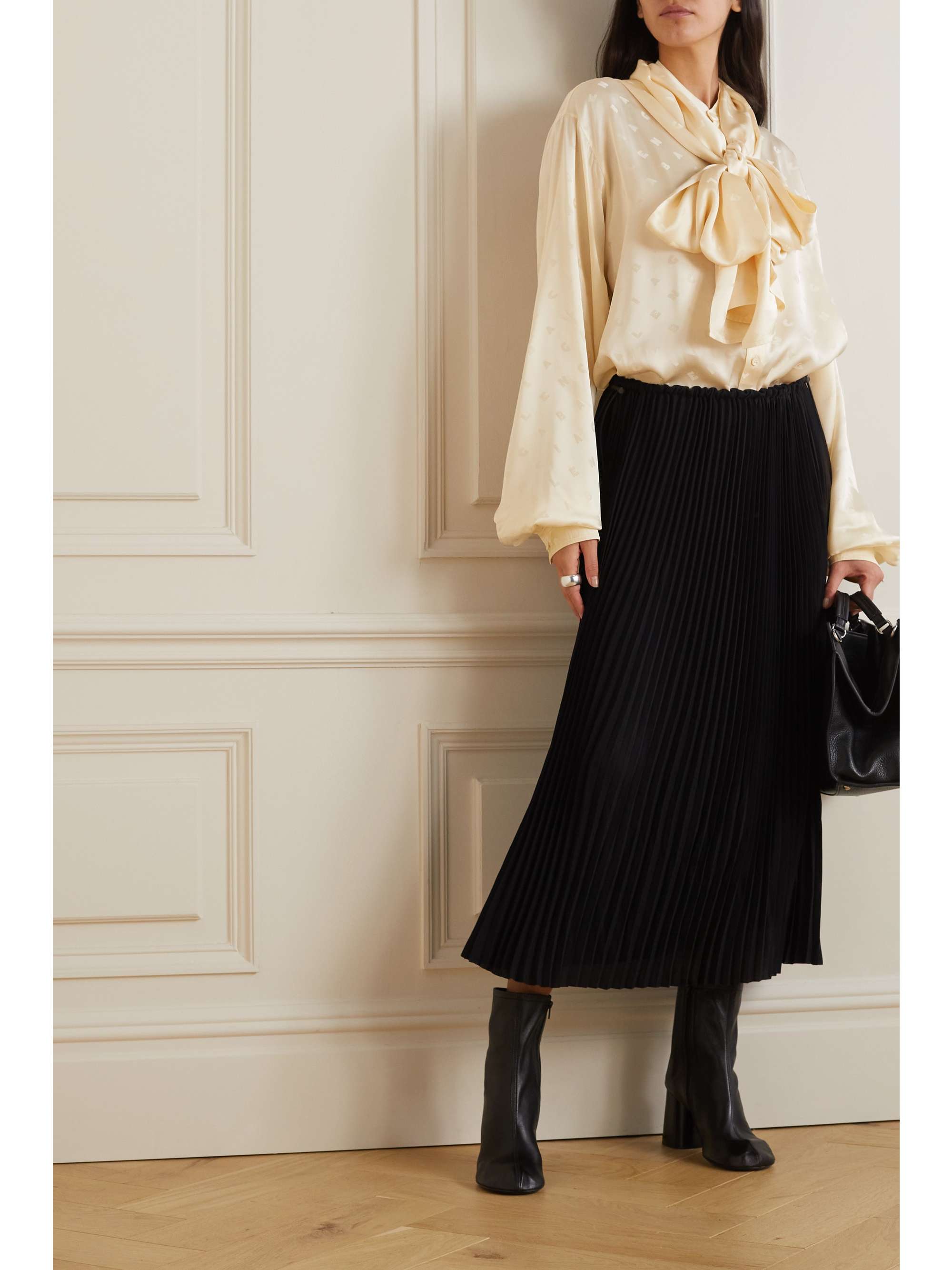 Oversized hooded pussy-bow satin-jacquard blouse view