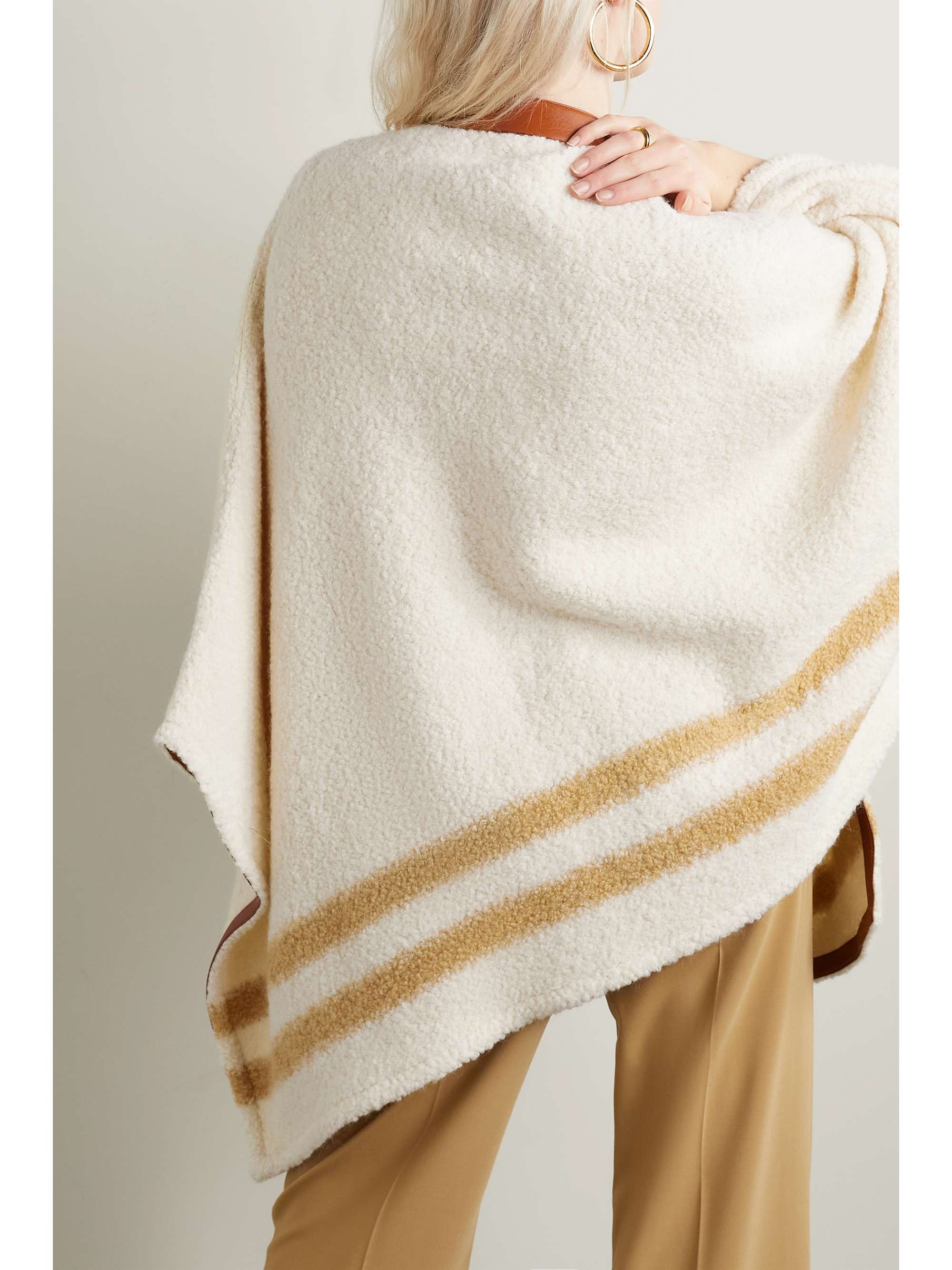 Leather-trimmed striped alpaca-blend bouclé poncho view