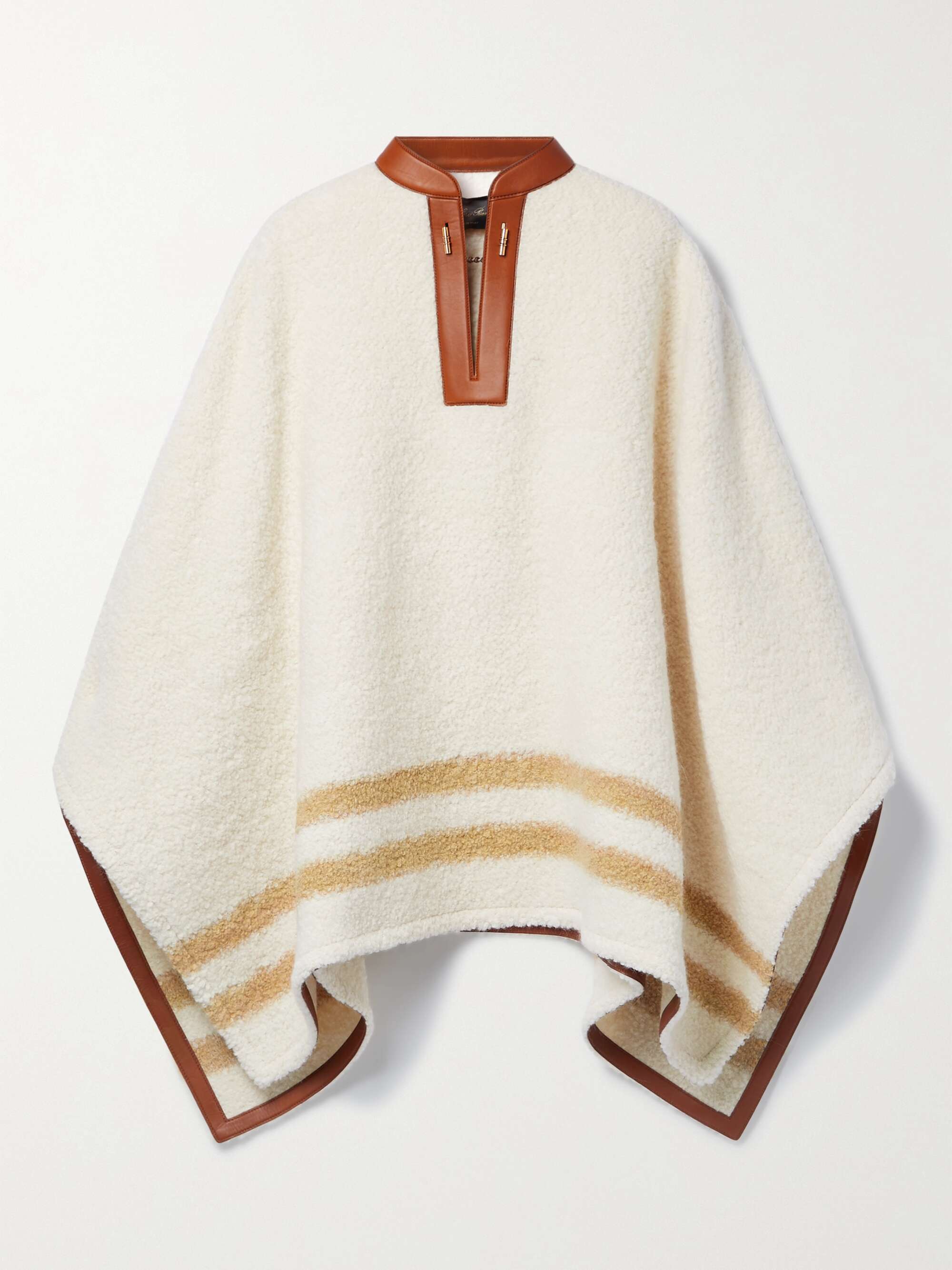 Leather-trimmed striped alpaca-blend bouclé poncho view