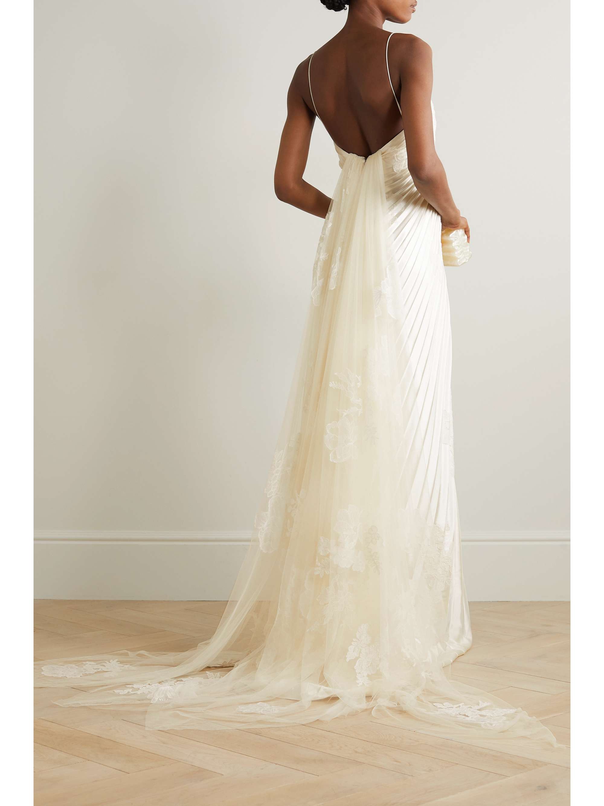 Scarlet lace-trimmed pleated satin and tulle gown view