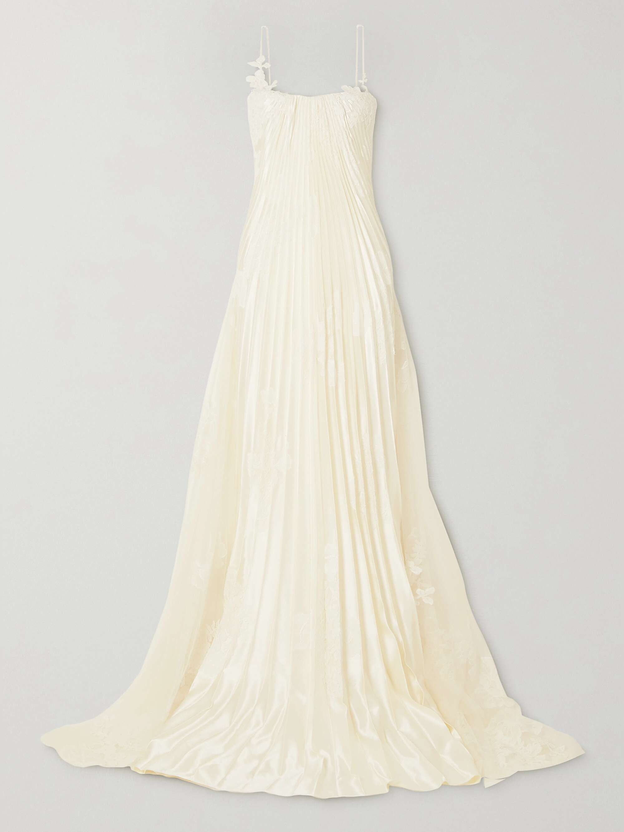 Scarlet lace-trimmed pleated satin and tulle gown view