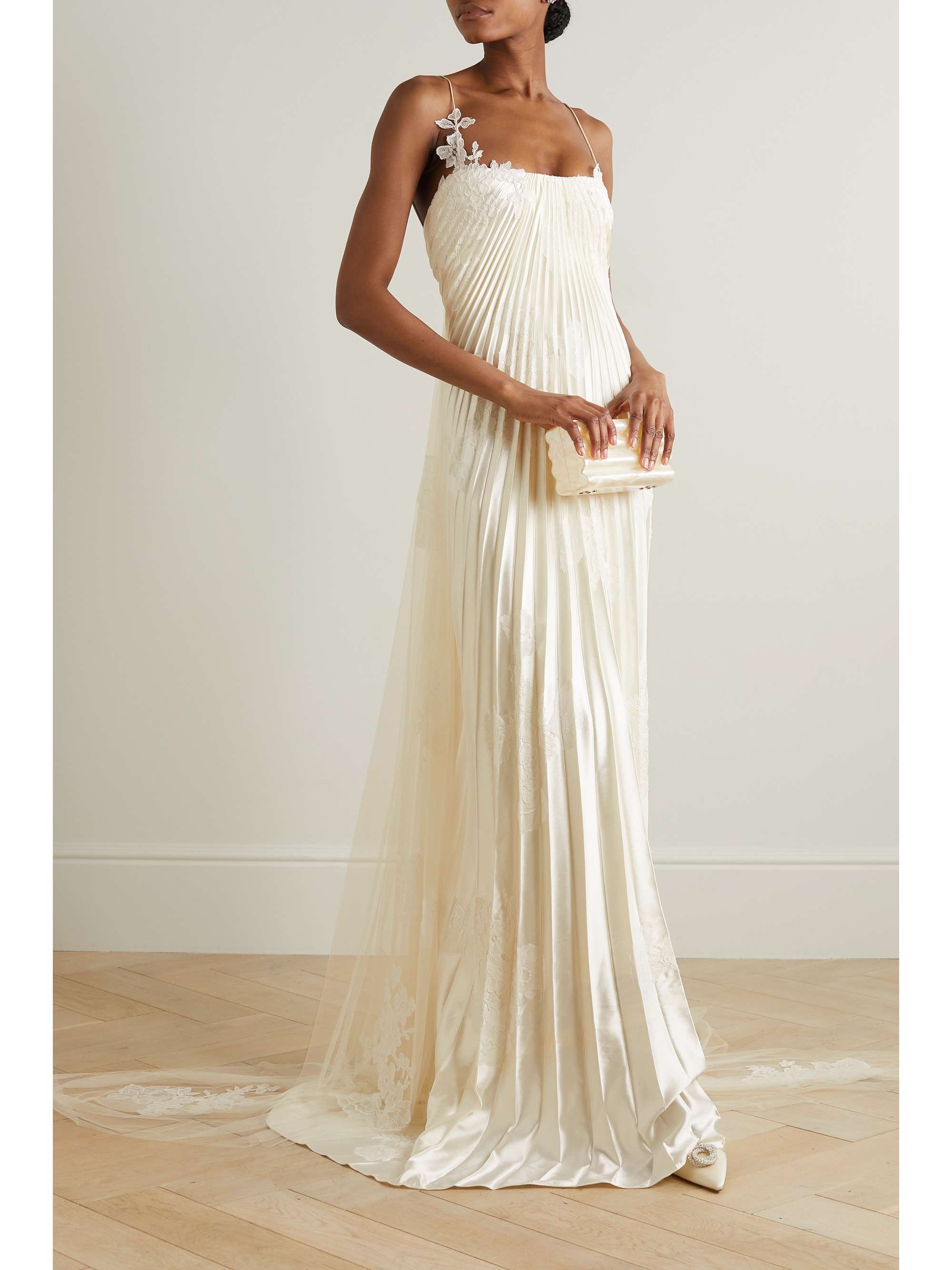 Scarlet lace-trimmed pleated satin and tulle gown view