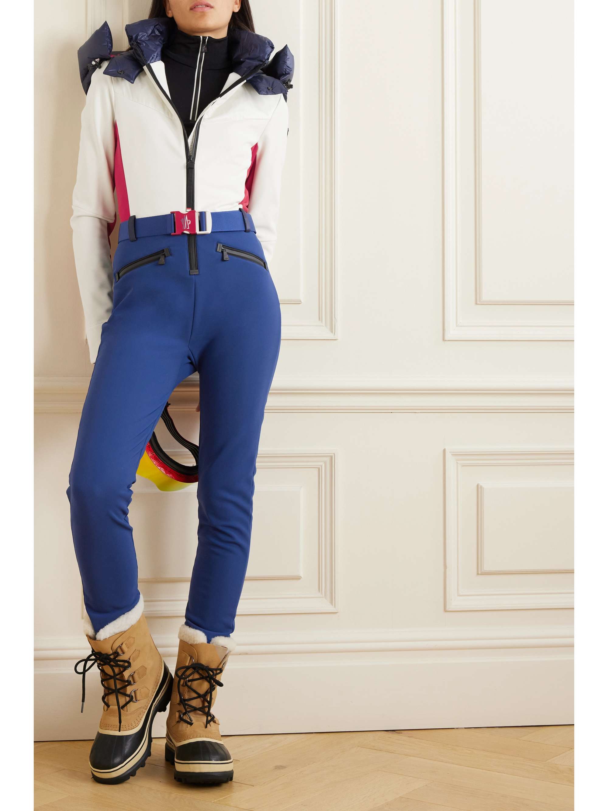 Hooded belted color-block down ski suit view