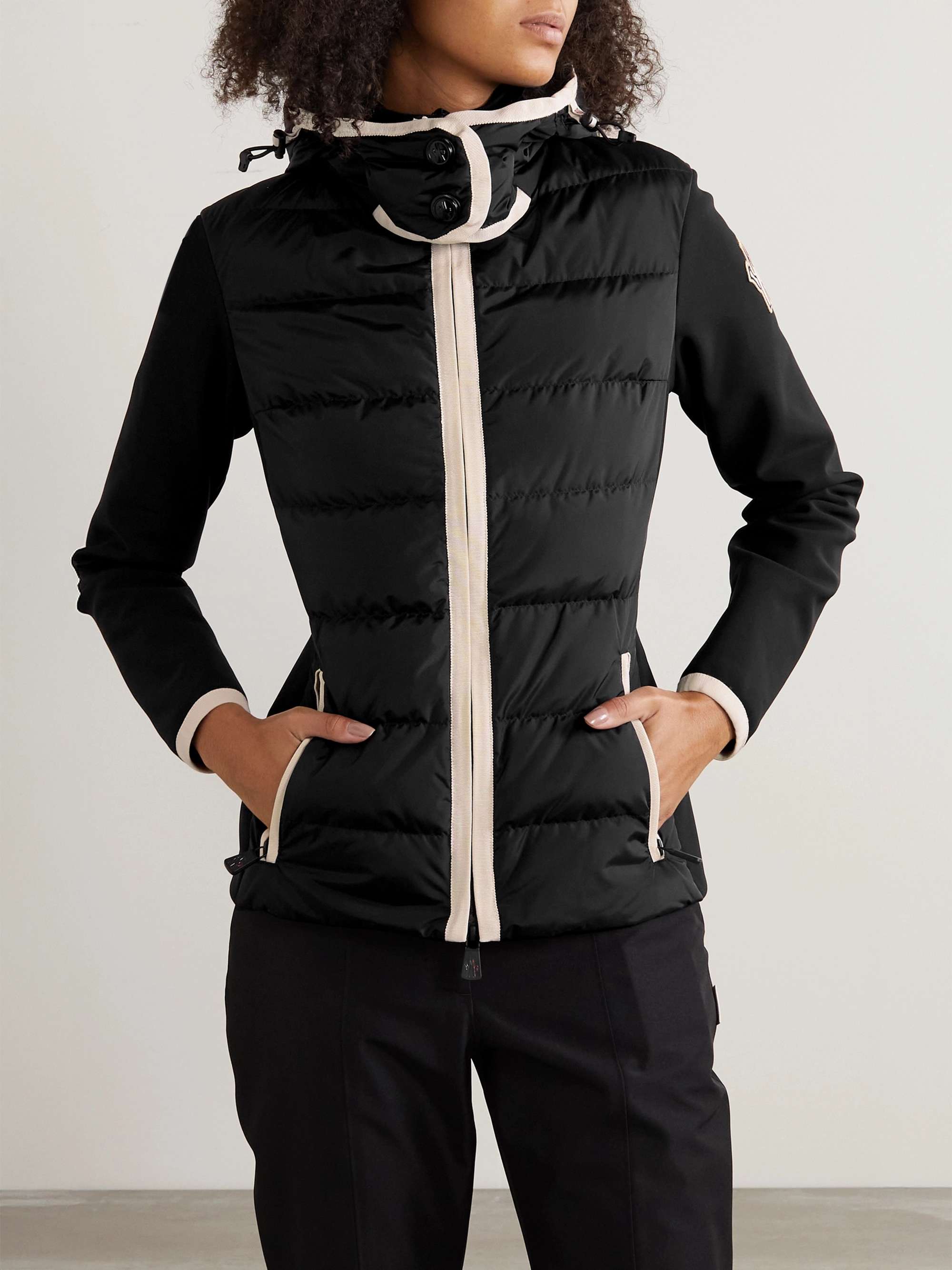 Hooded paneled twill and quilted stretch-shell down jacket view