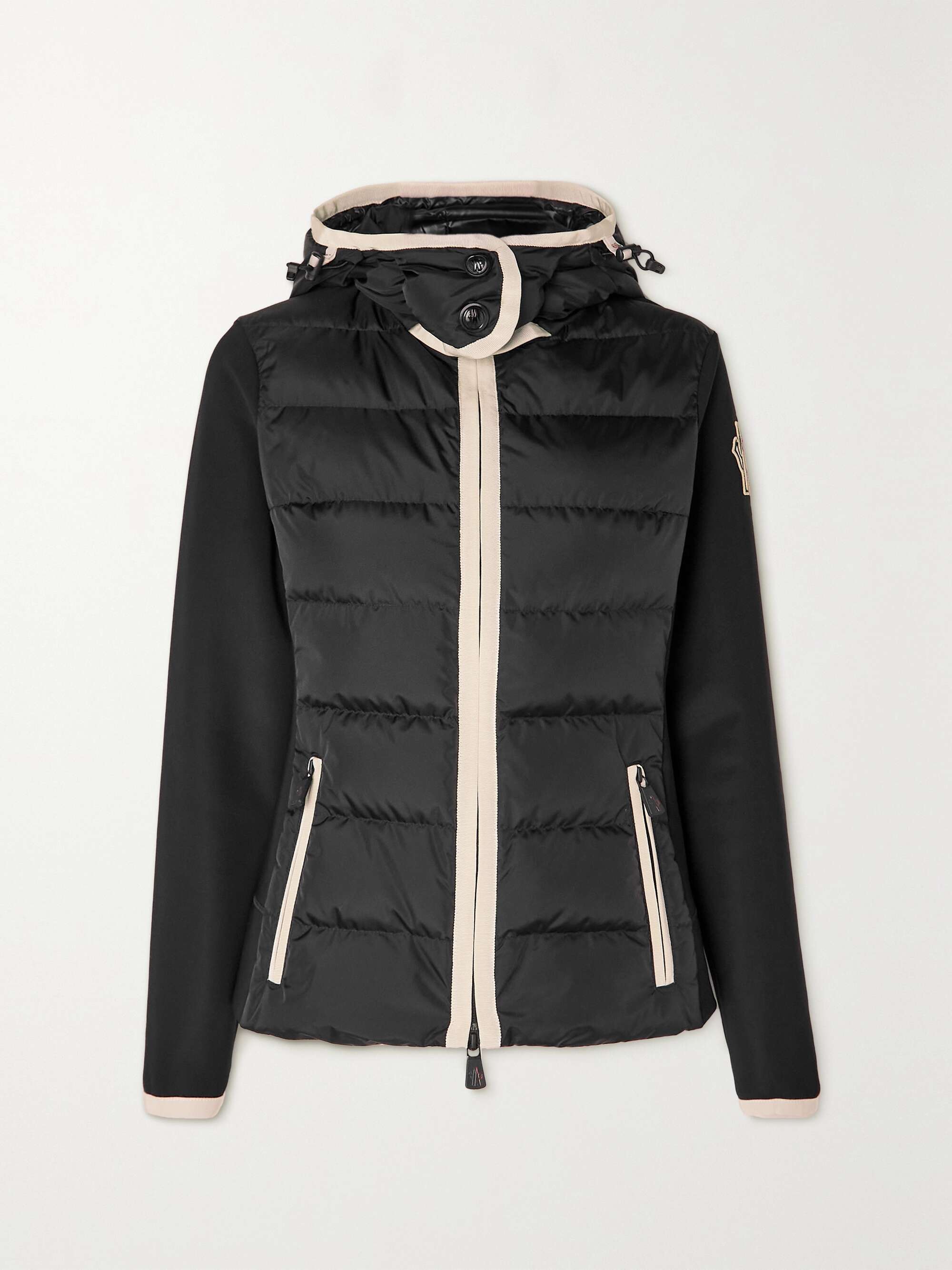 Hooded paneled twill and quilted stretch-shell down jacket view
