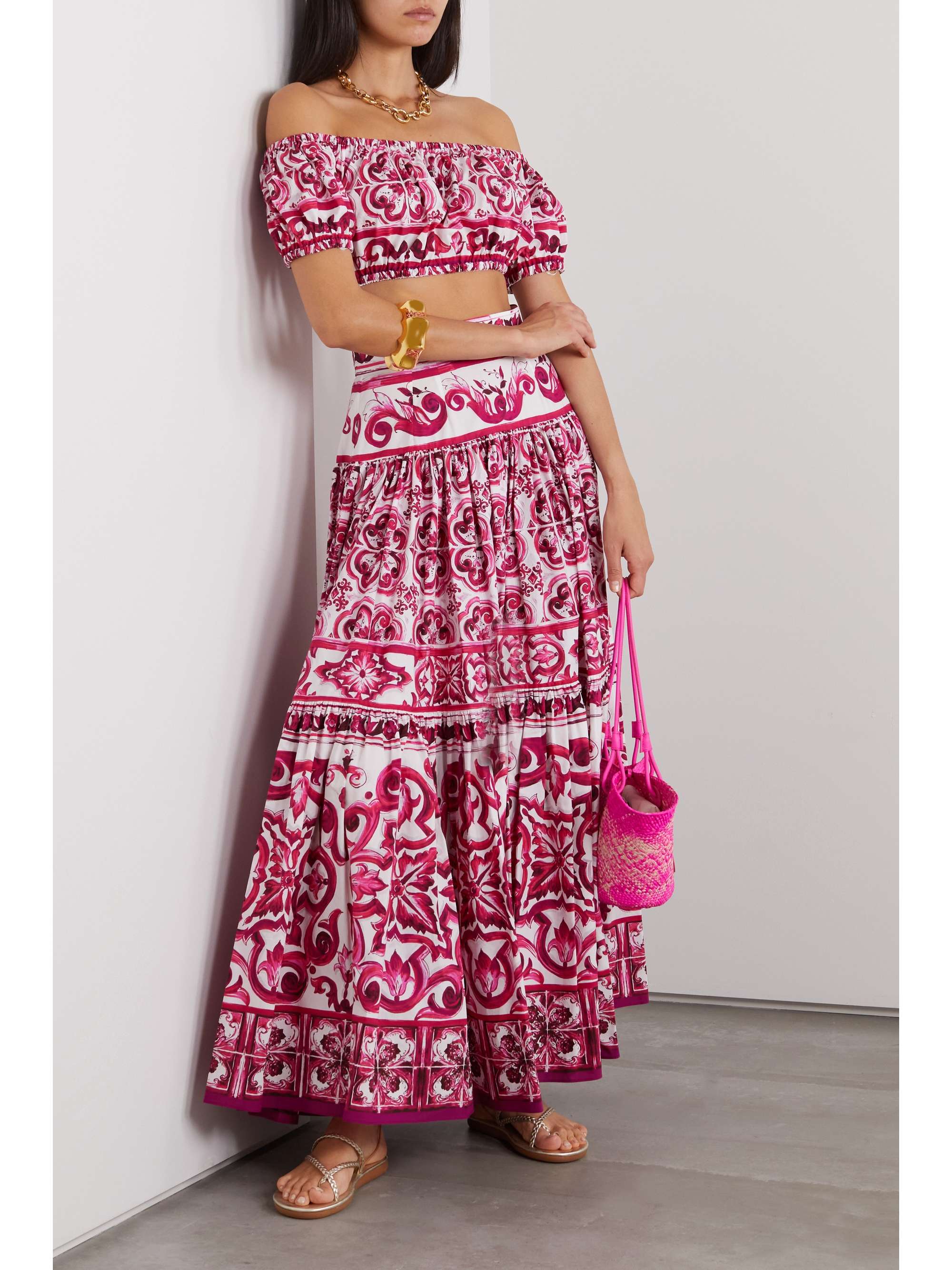 Maiolica off-the-shoulder printed cotton-poplin top view