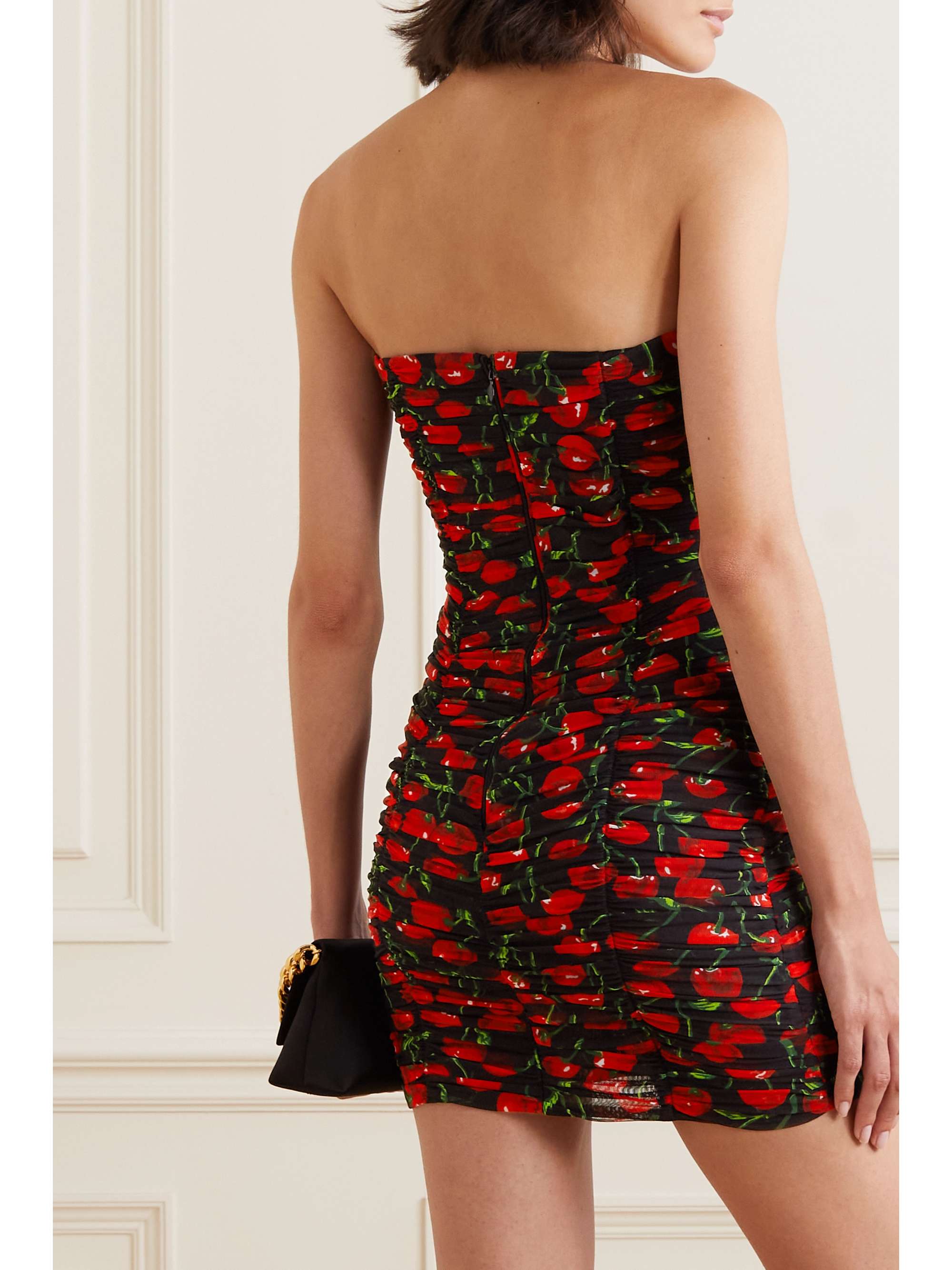 Strapless ruched printed stretch-tulle mini dress view