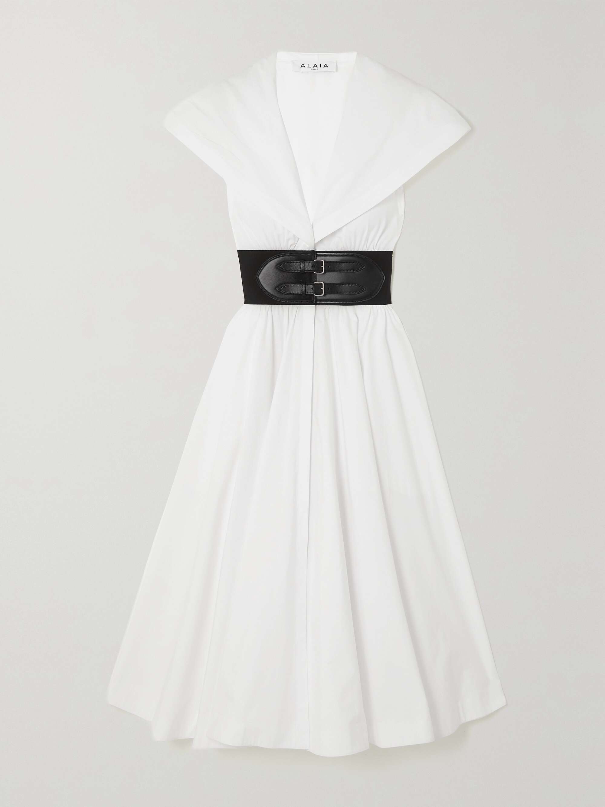 Archetypes cape-effect belted leather-trimmed cotton-poplin midi dress view