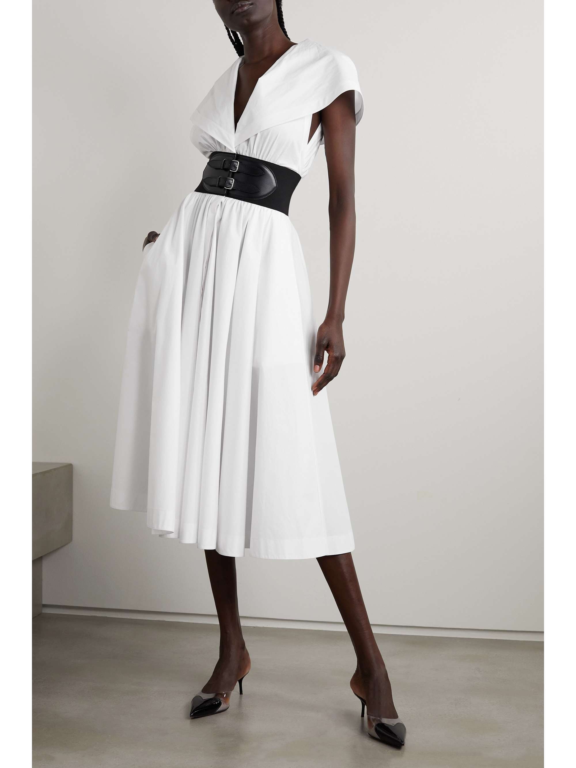 Archetypes cape-effect belted leather-trimmed cotton-poplin midi dress view
